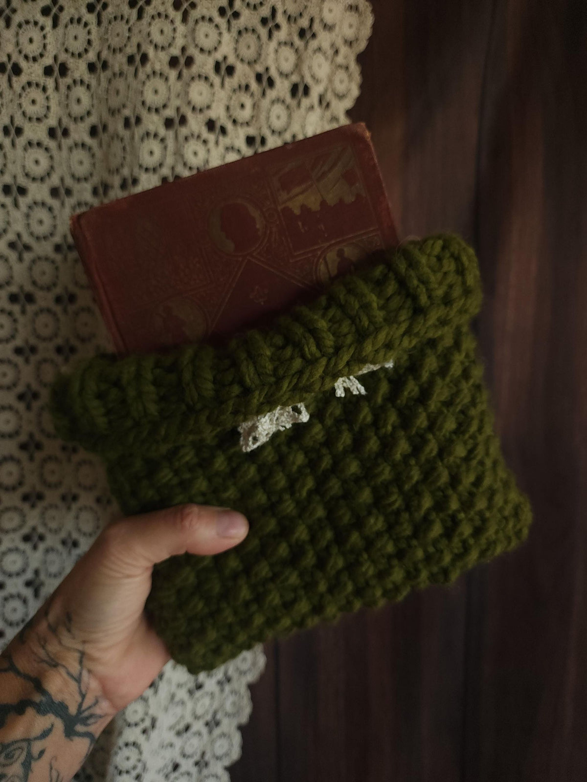 "Poison Apple" Green Hand Knit Book Pouch with Vintage Lace Trim