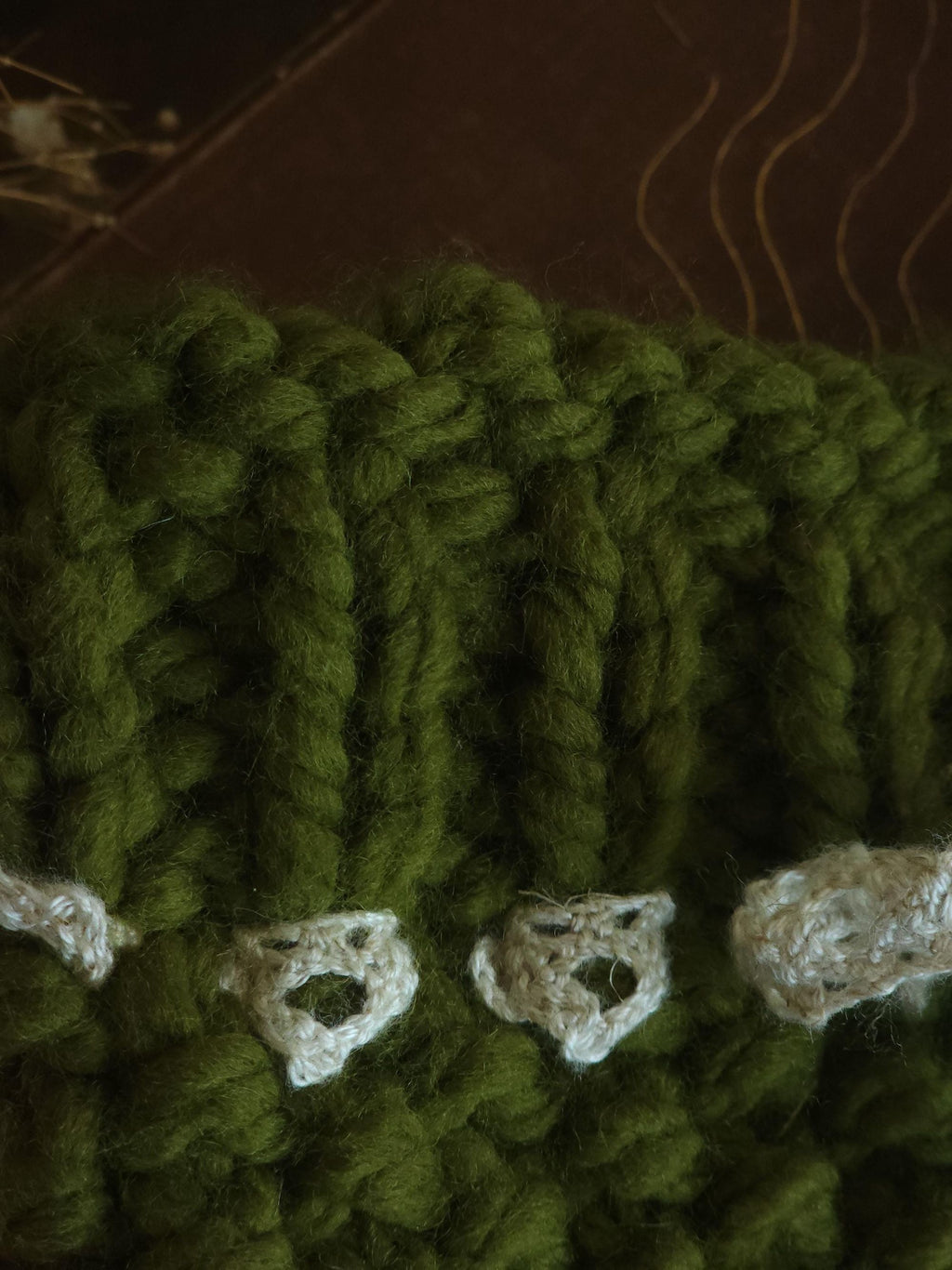 "Poison Apple" Green Hand Knit Book Pouch with Vintage Lace Trim