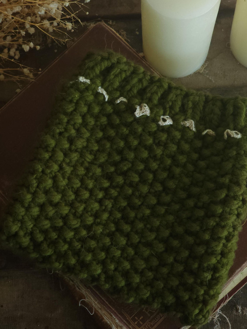 "Poison Apple" Green Hand Knit Book Pouch with Vintage Lace Trim
