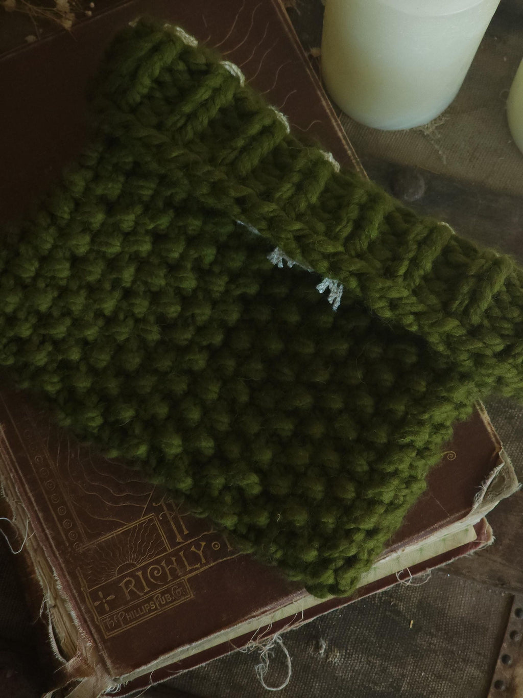 "Poison Apple" Green Hand Knit Book Pouch with Vintage Lace Trim