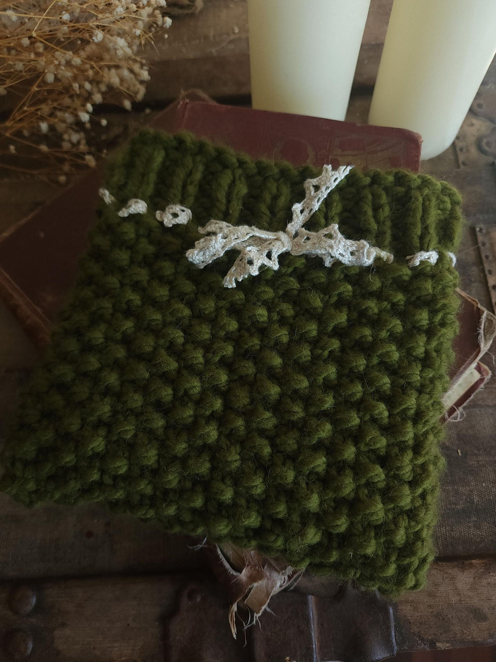 "Poison Apple" Green Hand Knit Book Pouch with Vintage Lace Trim