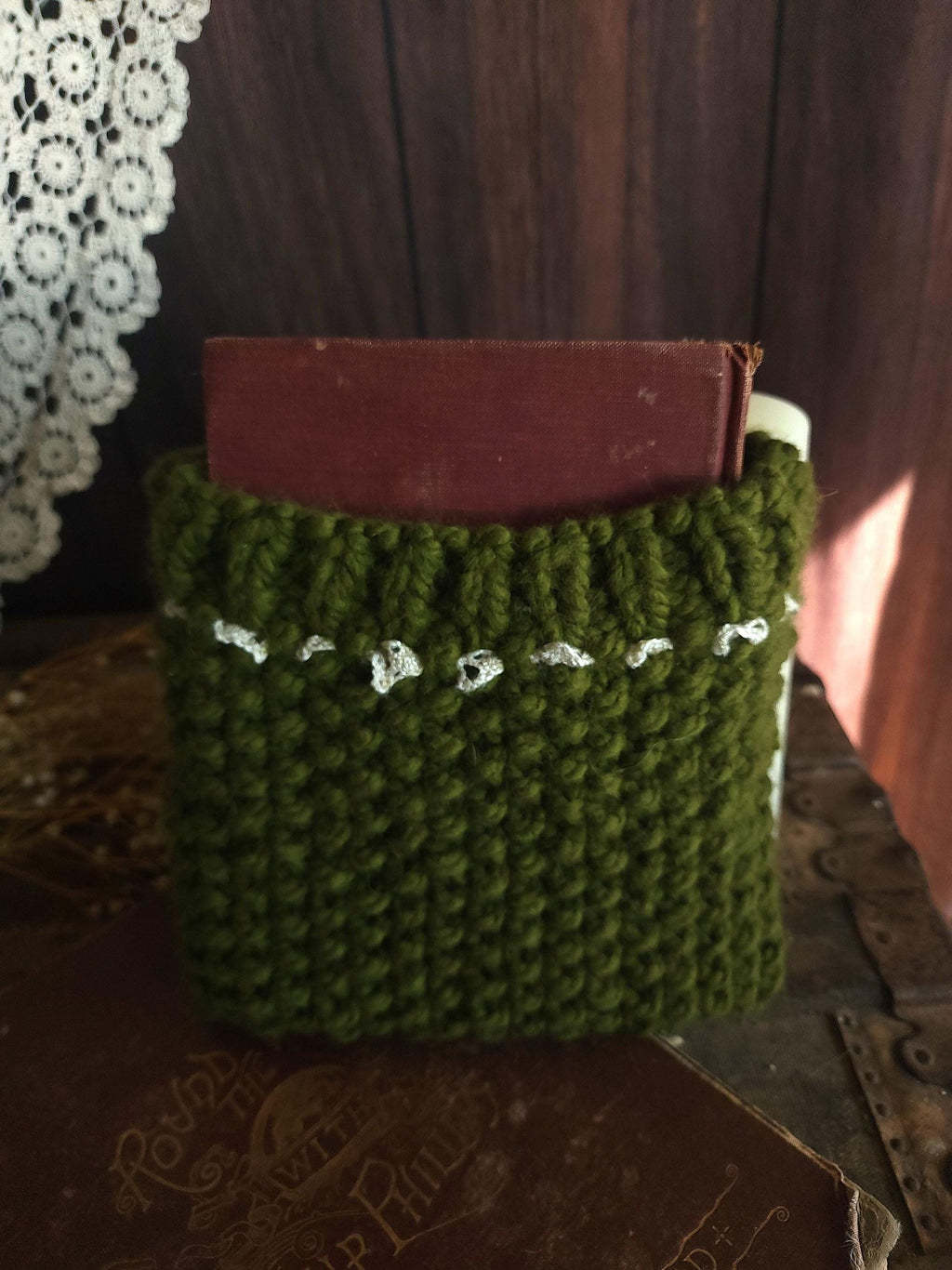 "Poison Apple" Green Hand Knit Book Pouch with Vintage Lace Trim