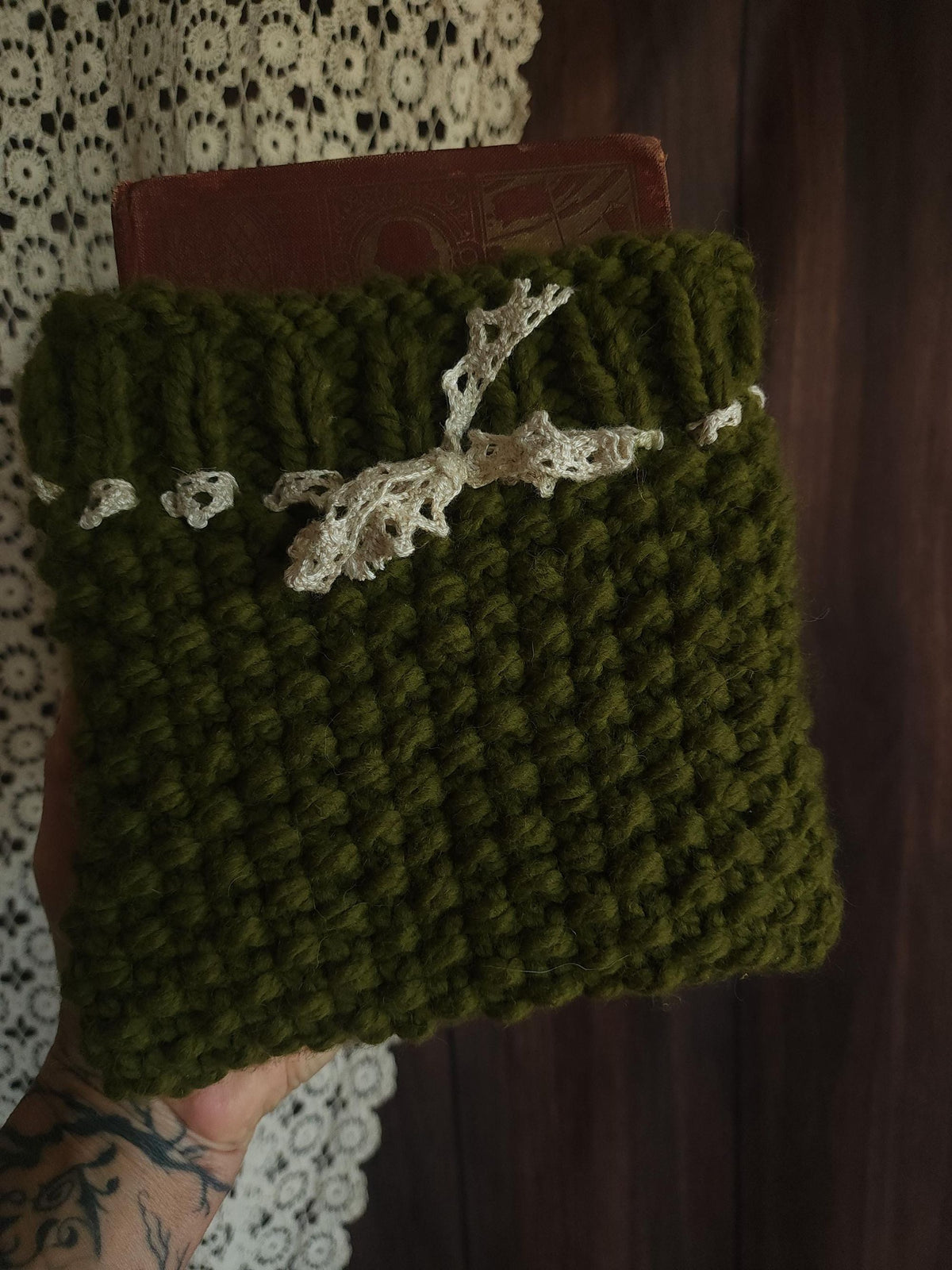 "Poison Apple" Green Hand Knit Book Pouch with Vintage Lace Trim