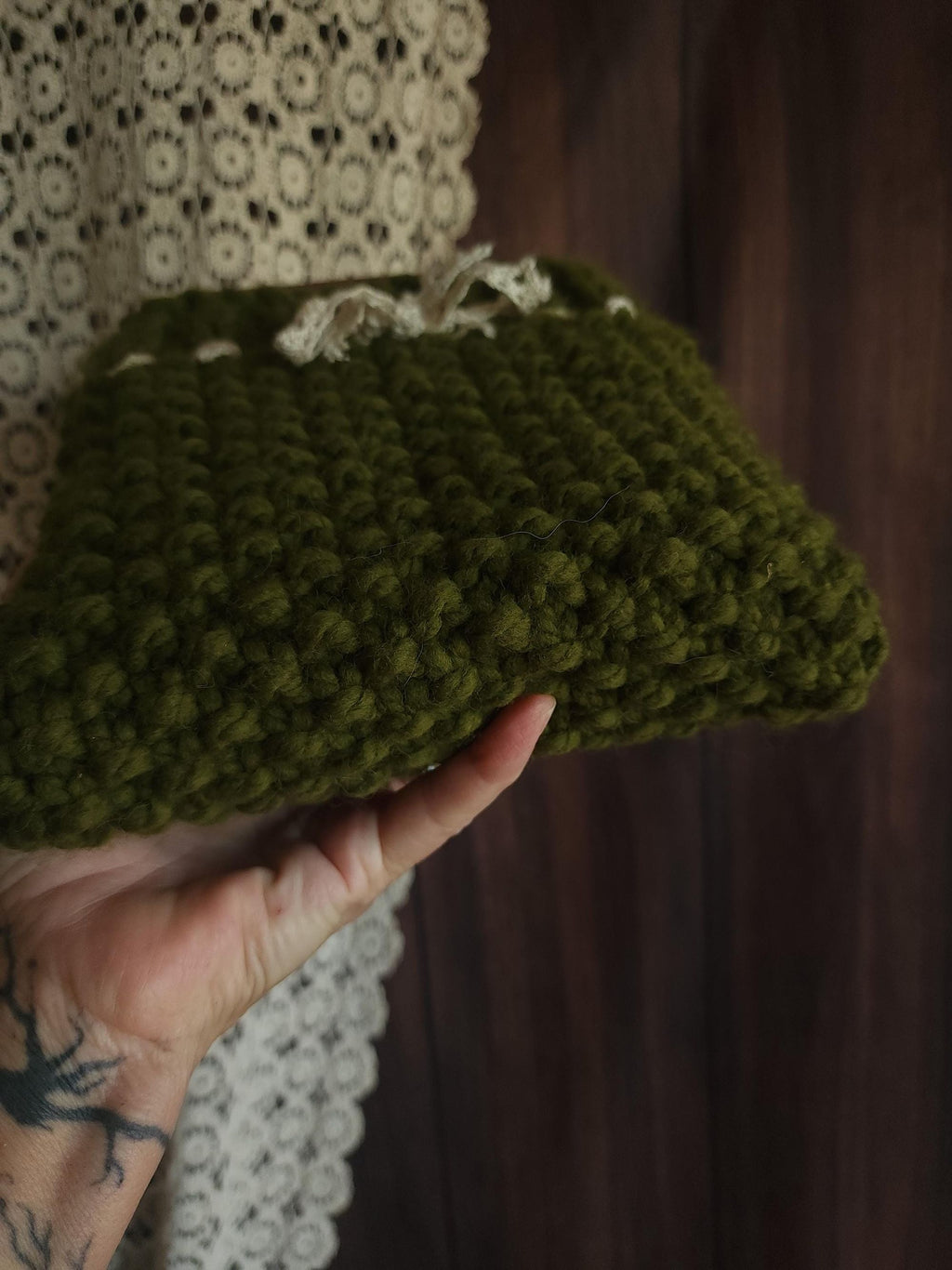 "Poison Apple" Green Hand Knit Book Pouch with Vintage Lace Trim