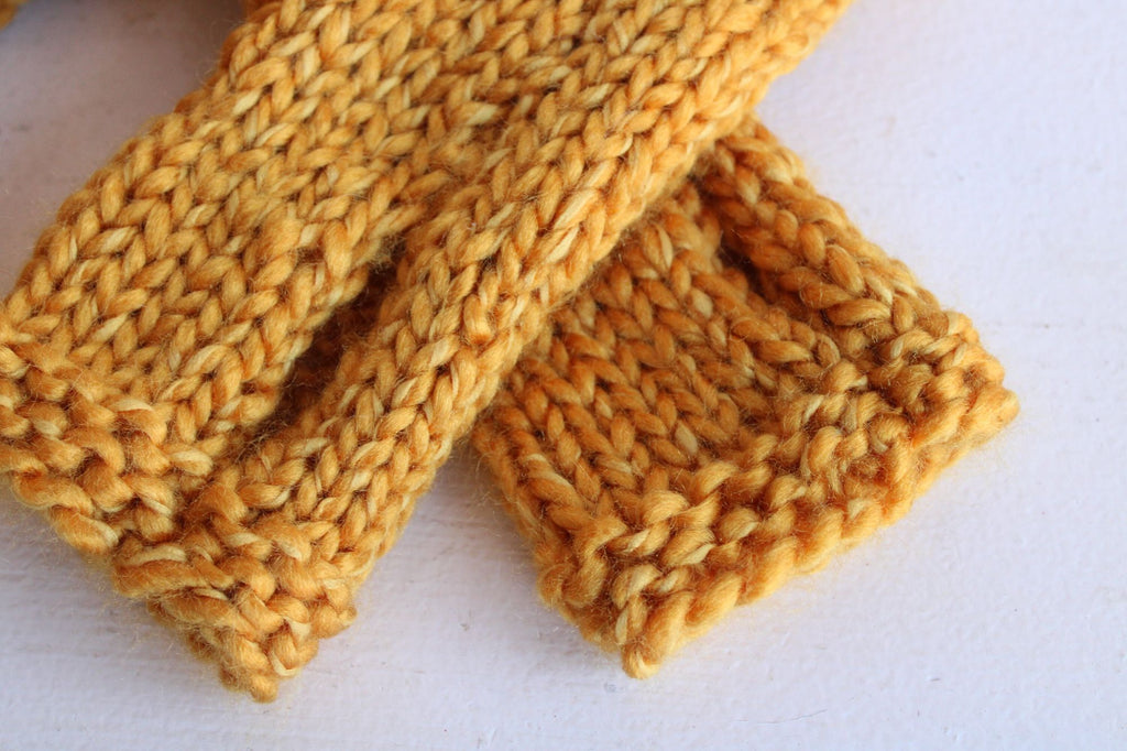 Hand Knit Fingerless Gloves in Mustard Yellow, the "Candlelight"