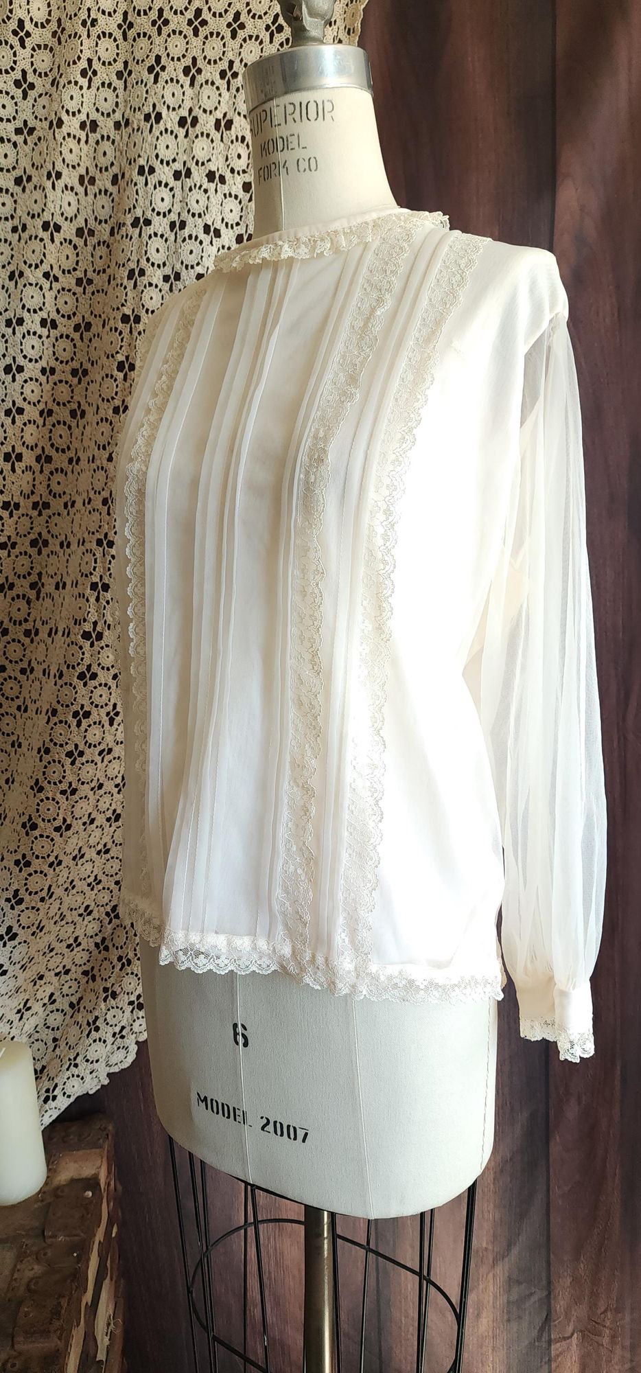 Vintage 1960s Volup Pale Pink Nylon Blouse with Lace Trim