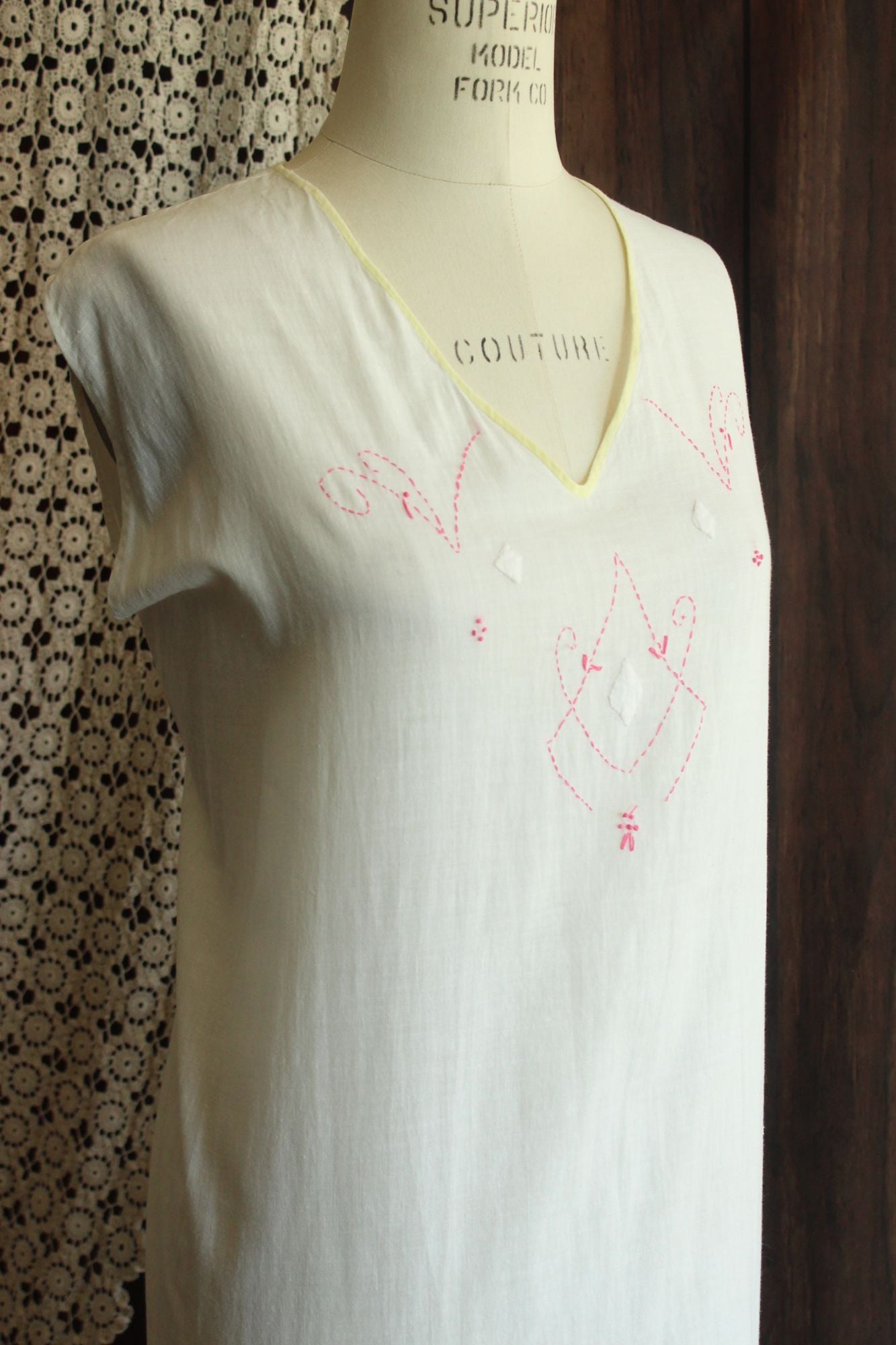 Antique 1910s 1920s White Cotton Embroidered Nightgown