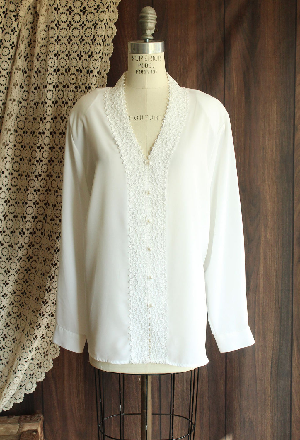 Vintage 1980s 1990s Volup K.C. Studio White Button Down Blouse with Lace Trim
