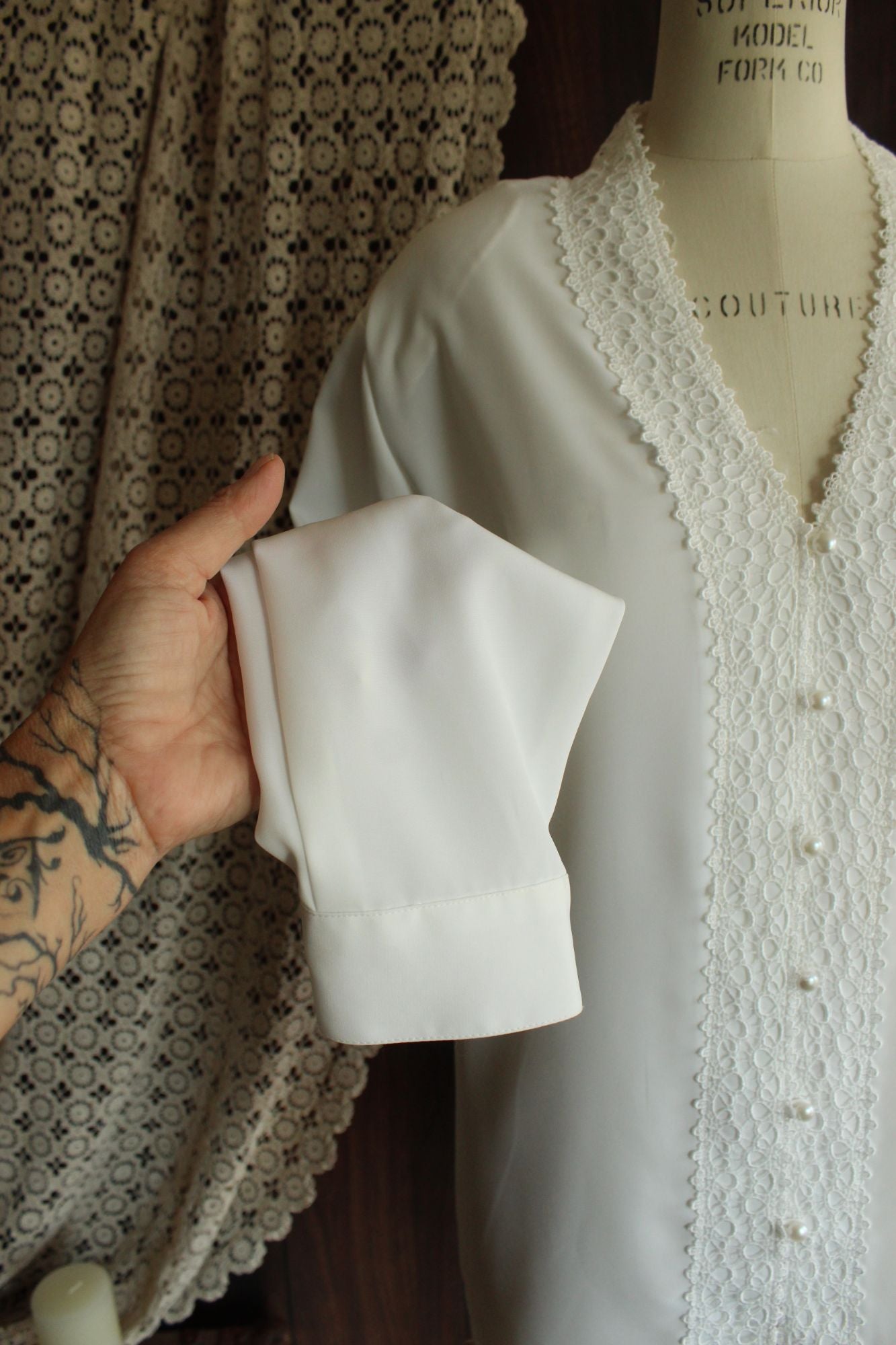 Vintage 1980s 1990s Volup K.C. Studio White Button Down Blouse with Lace Trim