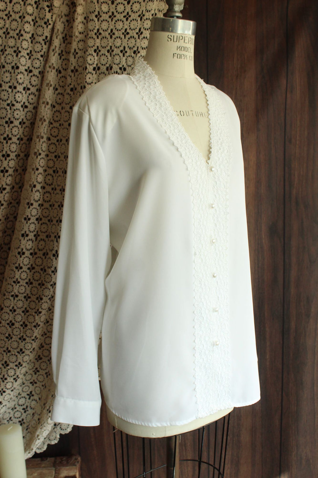 Vintage 1980s 1990s Volup K.C. Studio White Button Down Blouse with Lace Trim