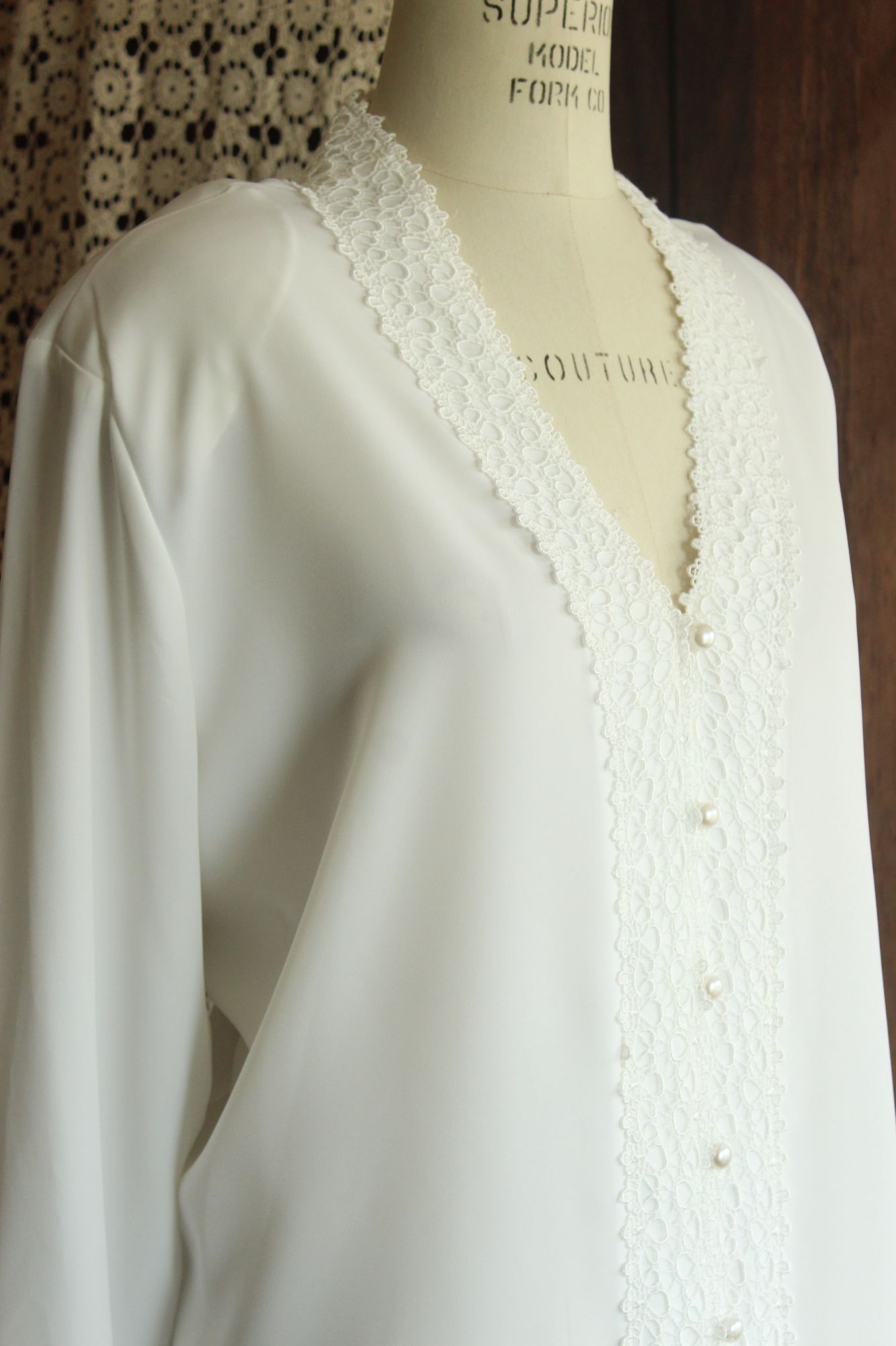 Vintage 1980s 1990s Volup K.C. Studio White Button Down Blouse with Lace Trim