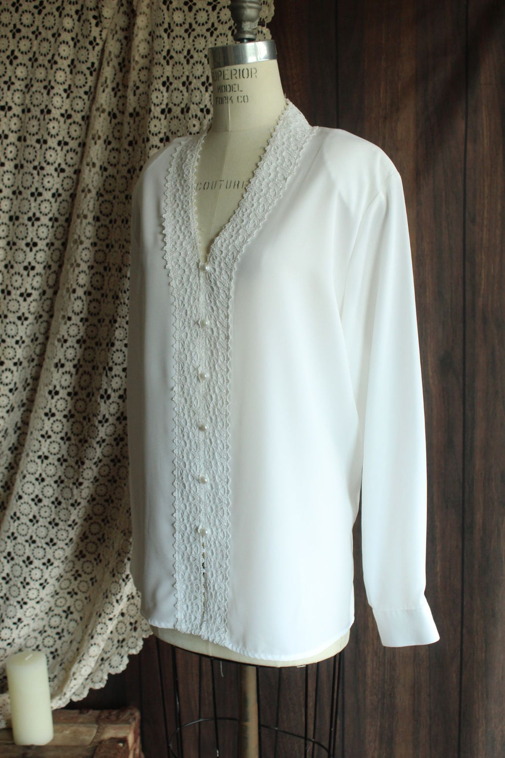 Vintage 1980s 1990s Volup K.C. Studio White Button Down Blouse with Lace Trim