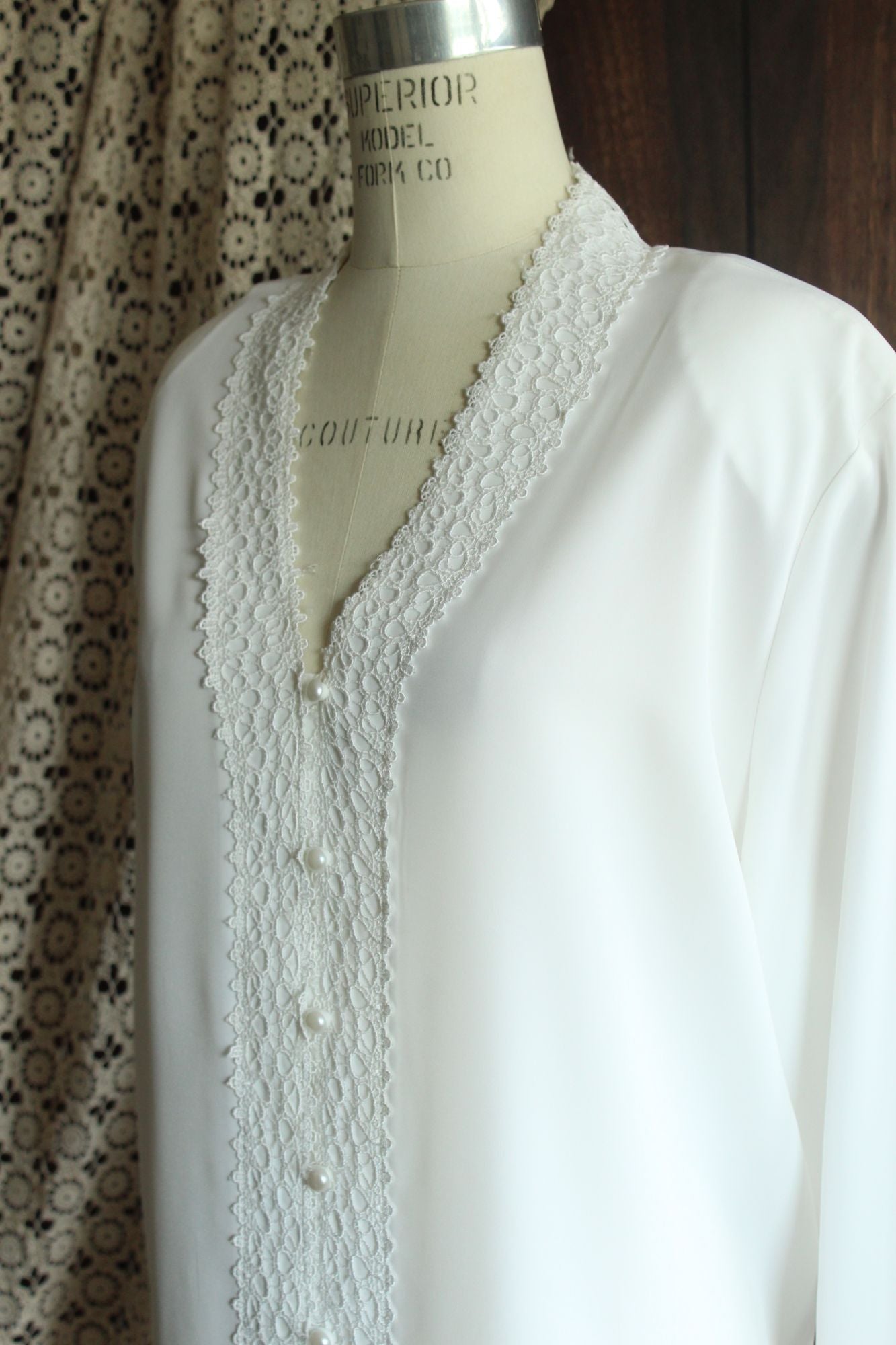 Vintage 1980s 1990s Volup K.C. Studio White Button Down Blouse with Lace Trim