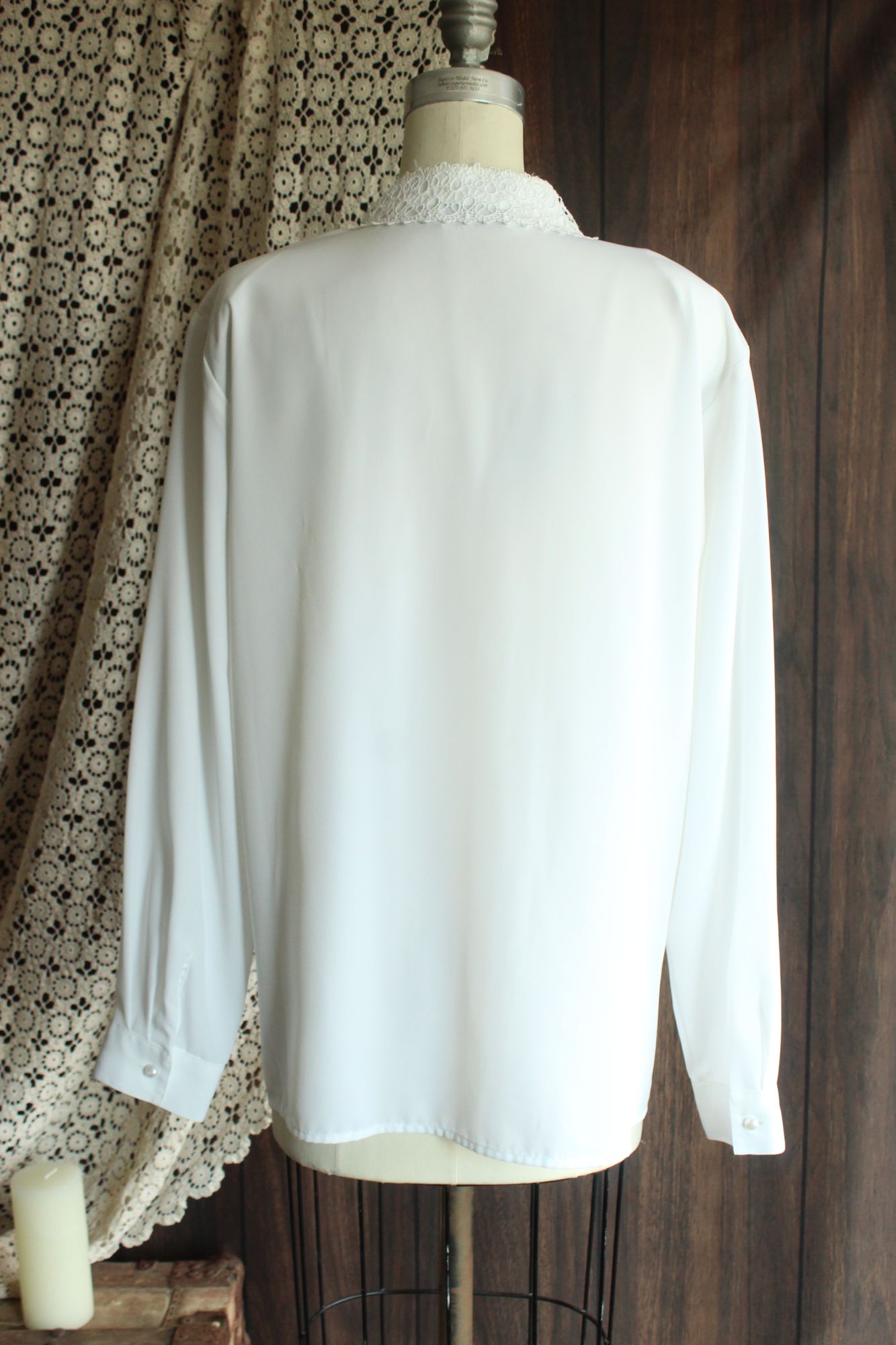 Vintage 1980s 1990s Volup K.C. Studio White Button Down Blouse with Lace Trim