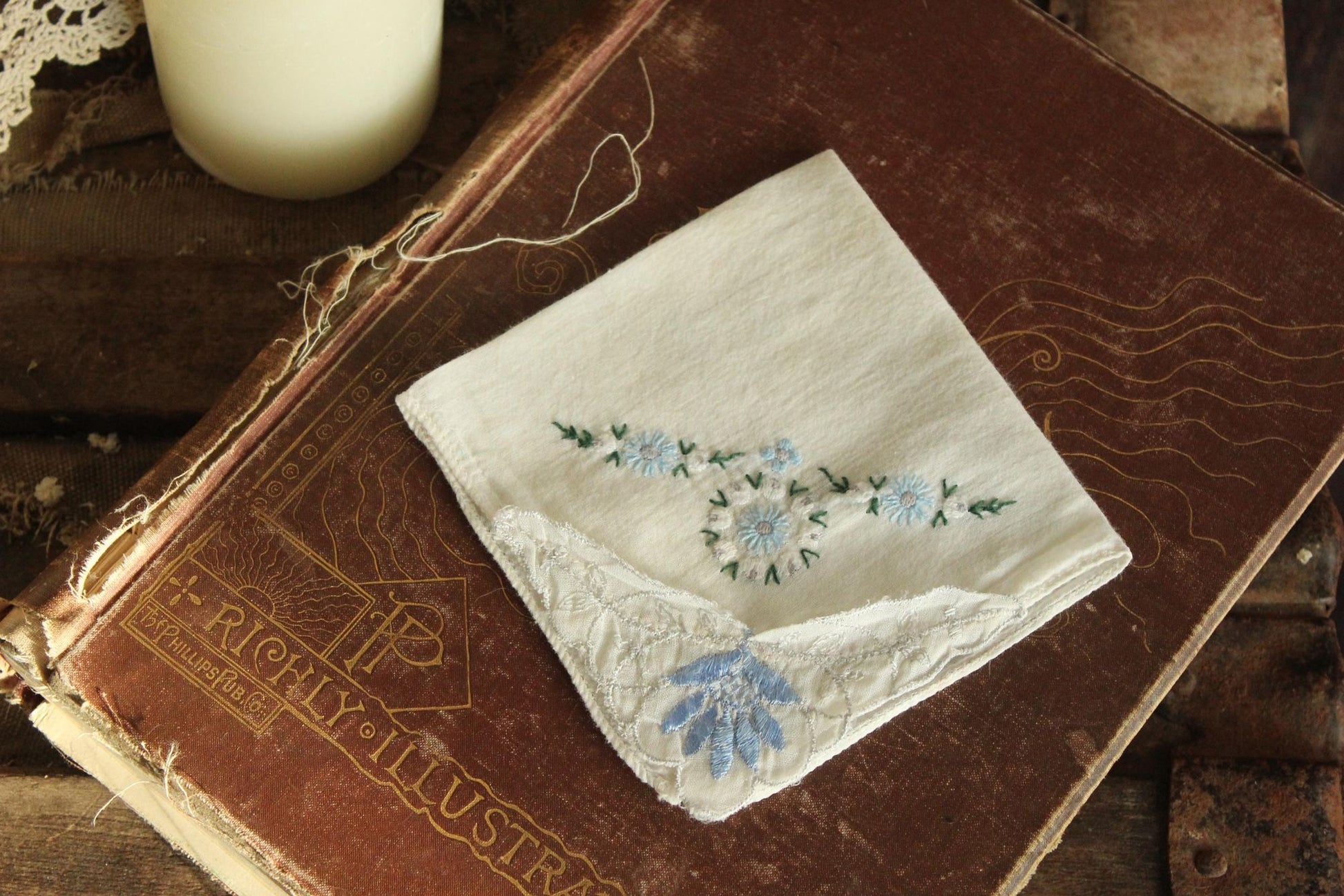 Vintage 1950s Handkerchief with Blue Flower Applique and Embroidery