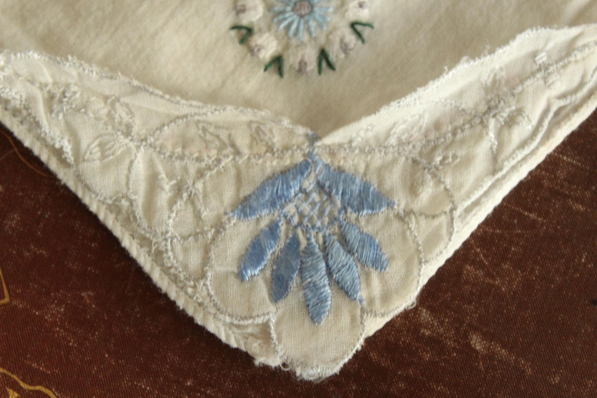Vintage 1950s Handkerchief with Blue Flower Applique and Embroidery