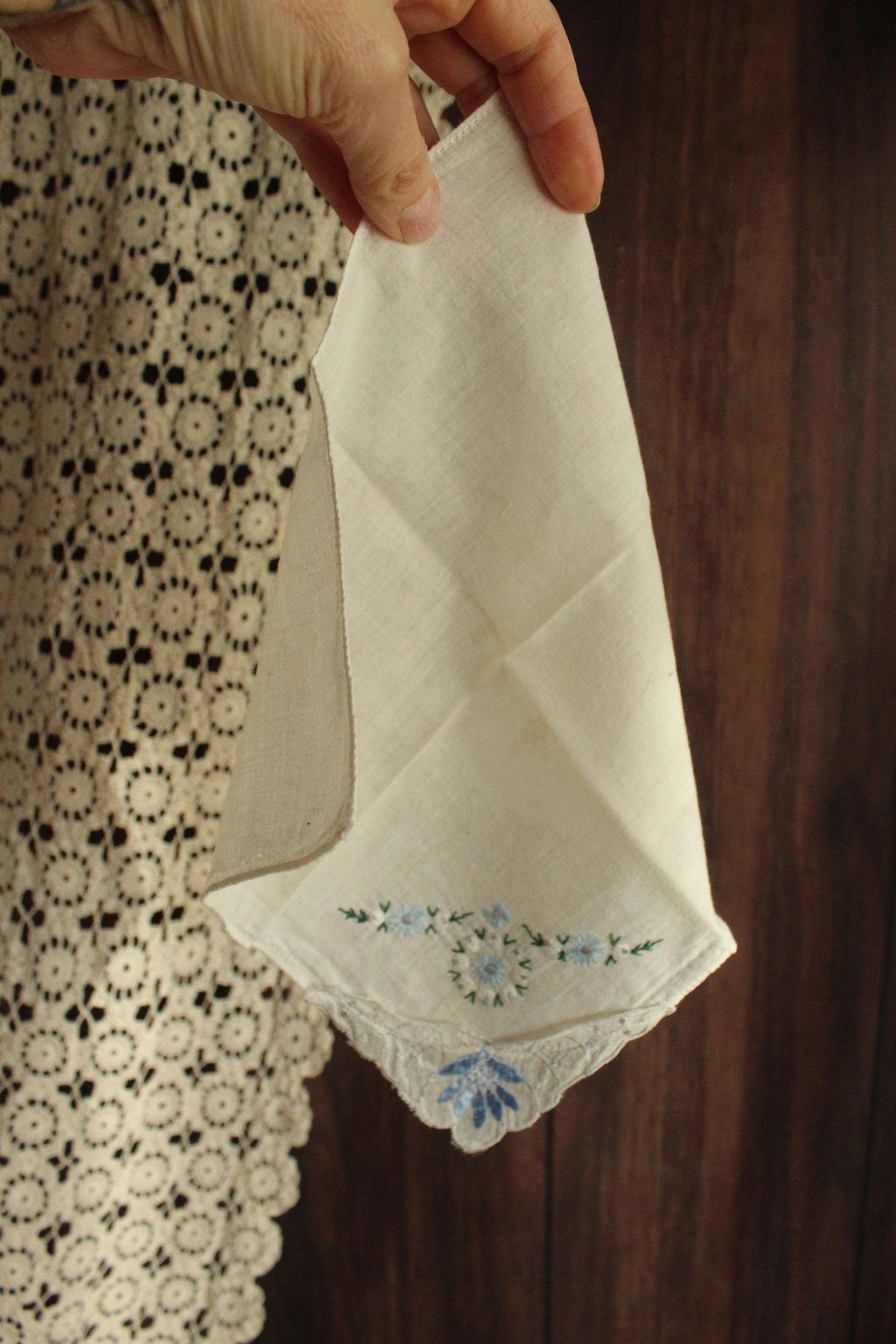 Vintage 1950s Handkerchief with Blue Flower Applique and Embroidery