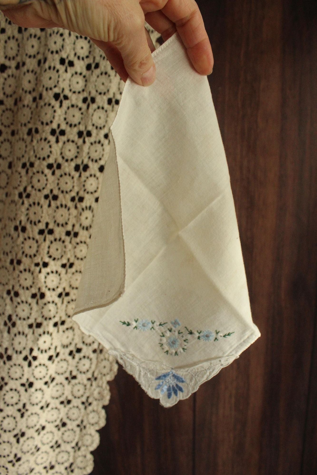 Vintage 1950s Handkerchief with Blue Flower Applique and Embroidery