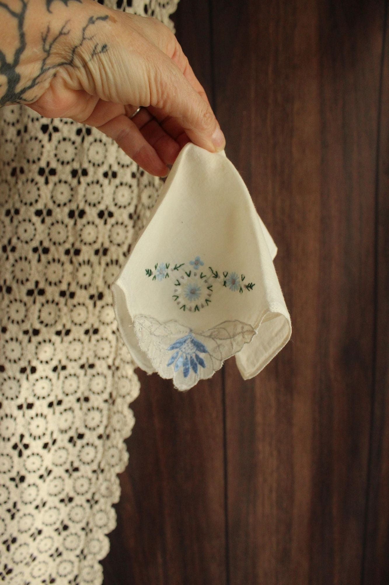 Vintage 1950s Handkerchief with Blue Flower Applique and Embroidery