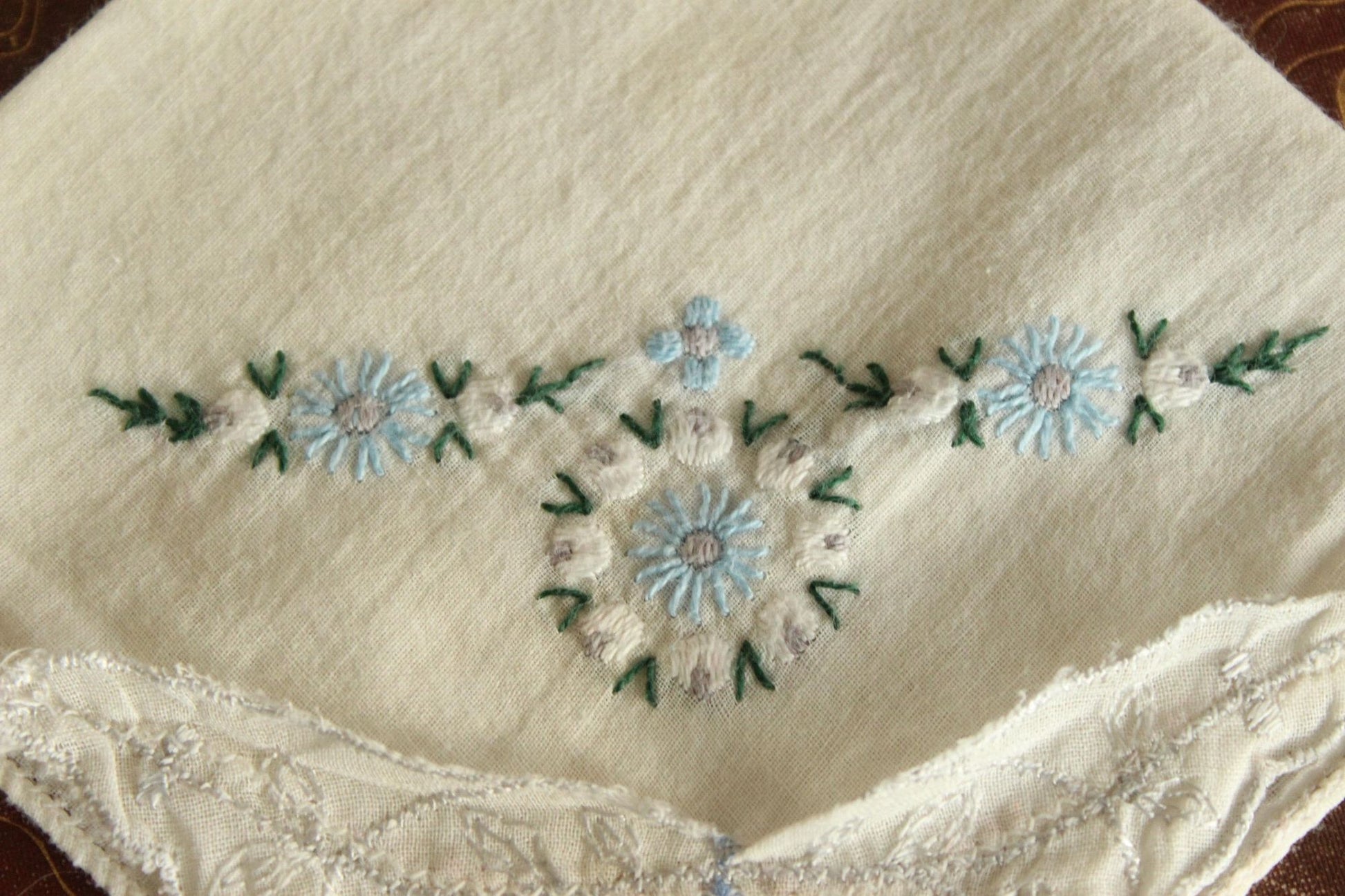 Vintage 1950s Handkerchief with Blue Flower Applique and Embroidery