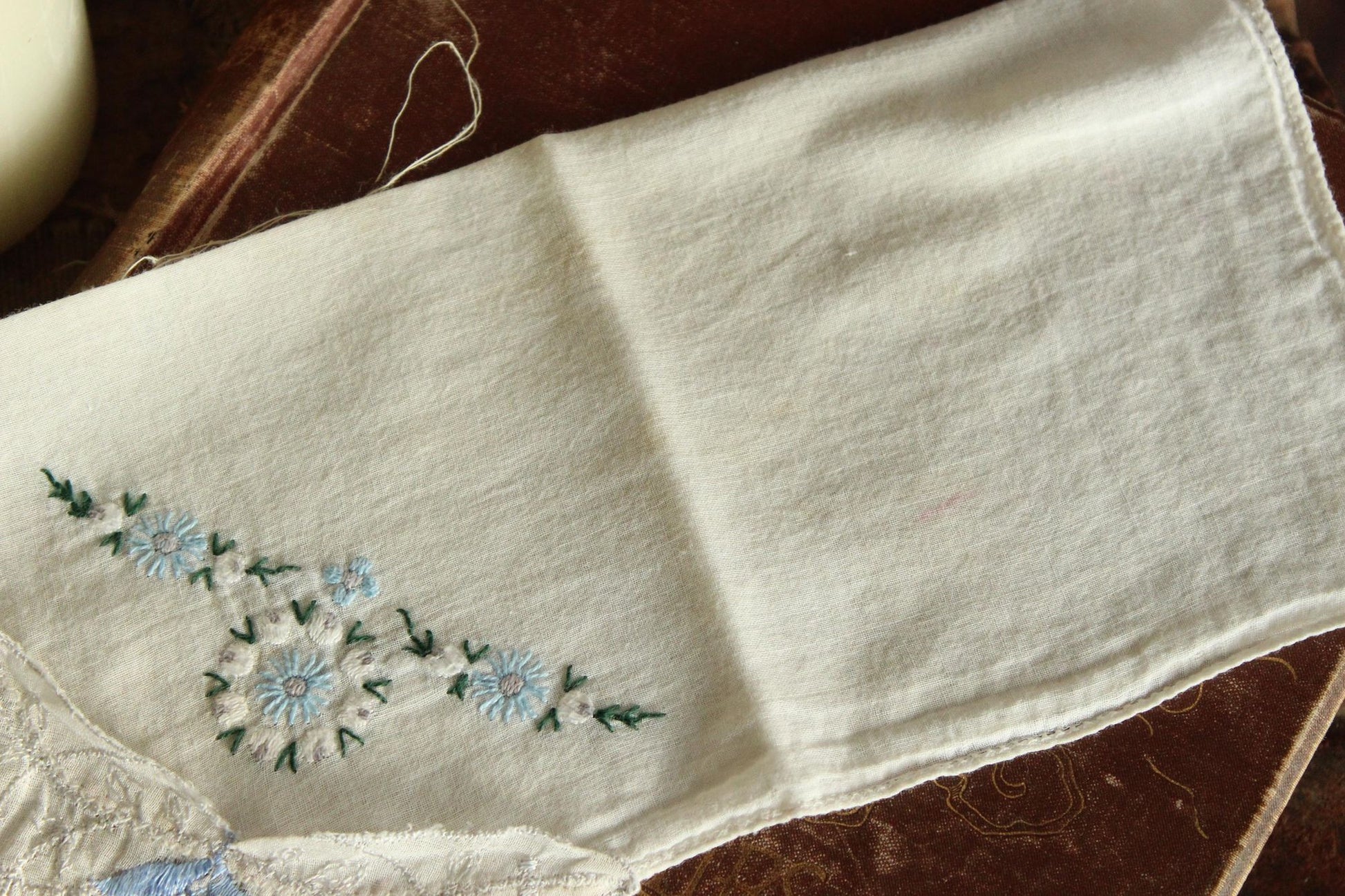 Vintage 1950s Handkerchief with Blue Flower Applique and Embroidery