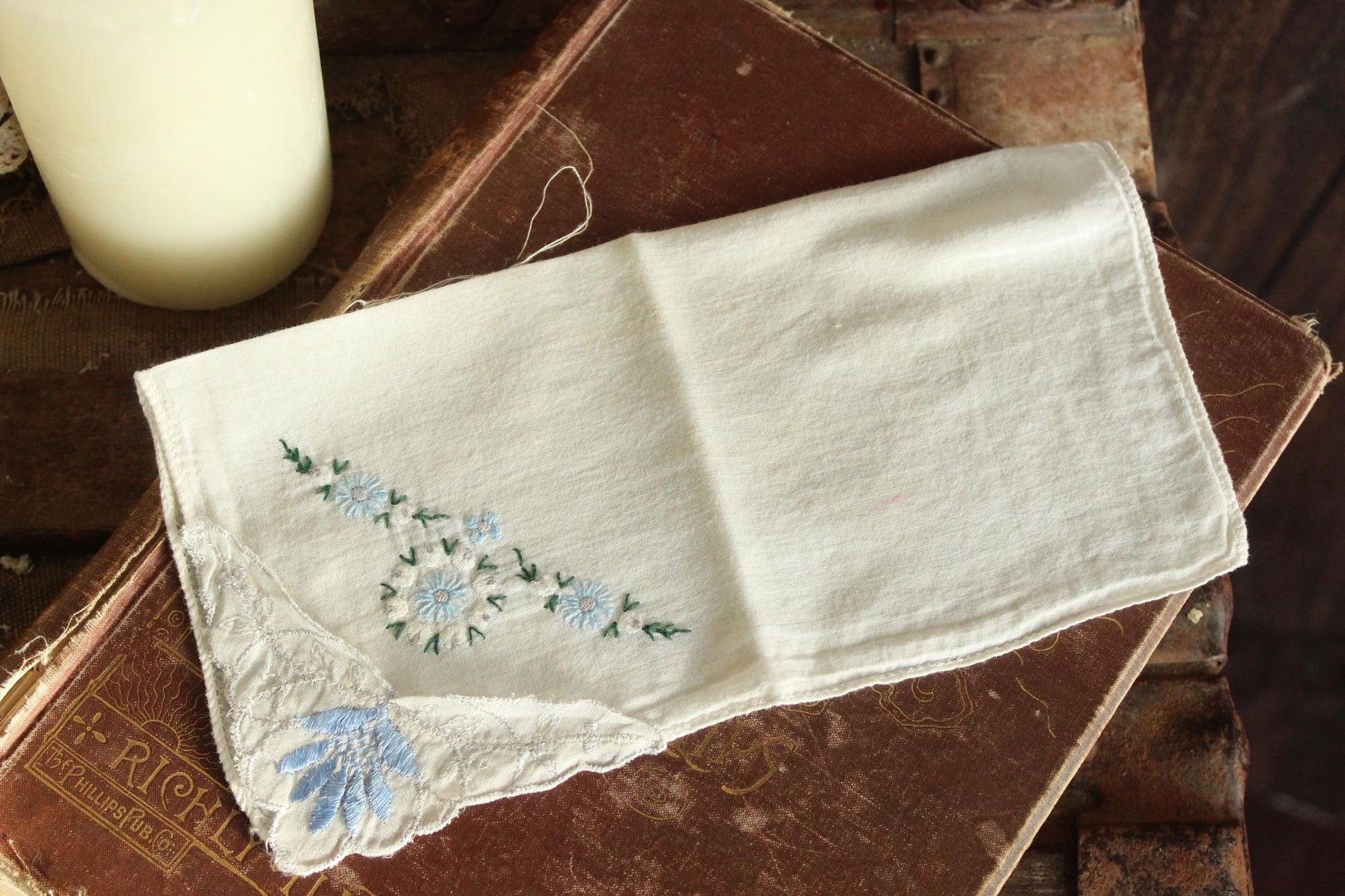 Vintage 1950s Handkerchief with Blue Flower Applique and Embroidery