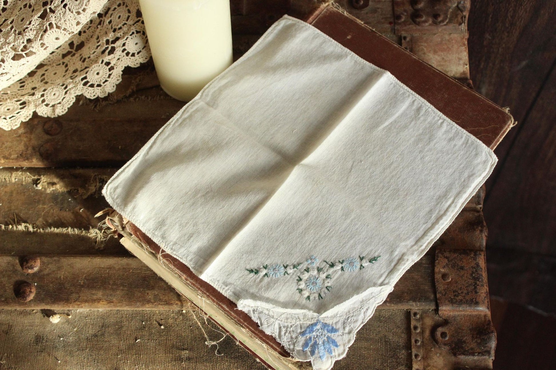 Vintage 1950s Handkerchief with Blue Flower Applique and Embroidery