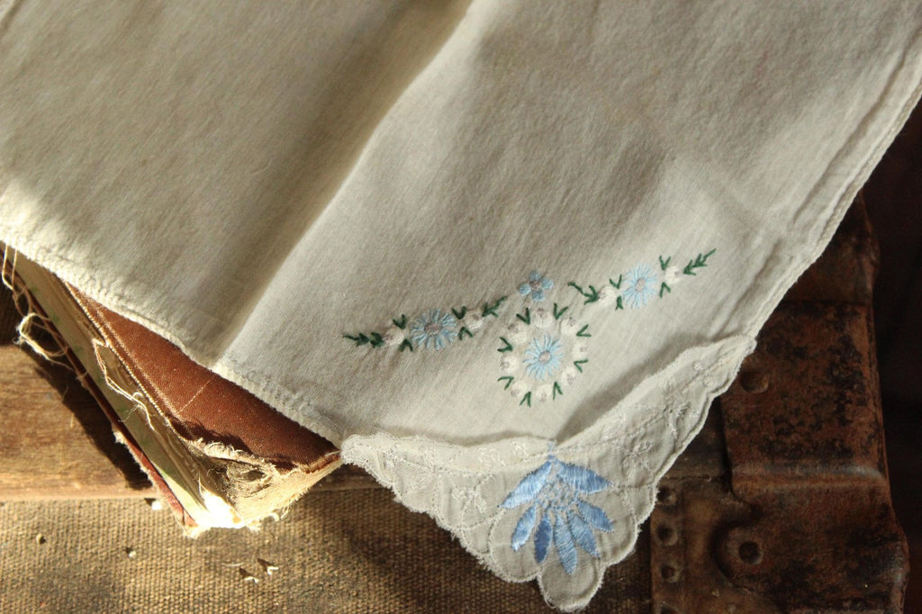 Vintage 1950s Handkerchief with Blue Flower Applique and Embroidery