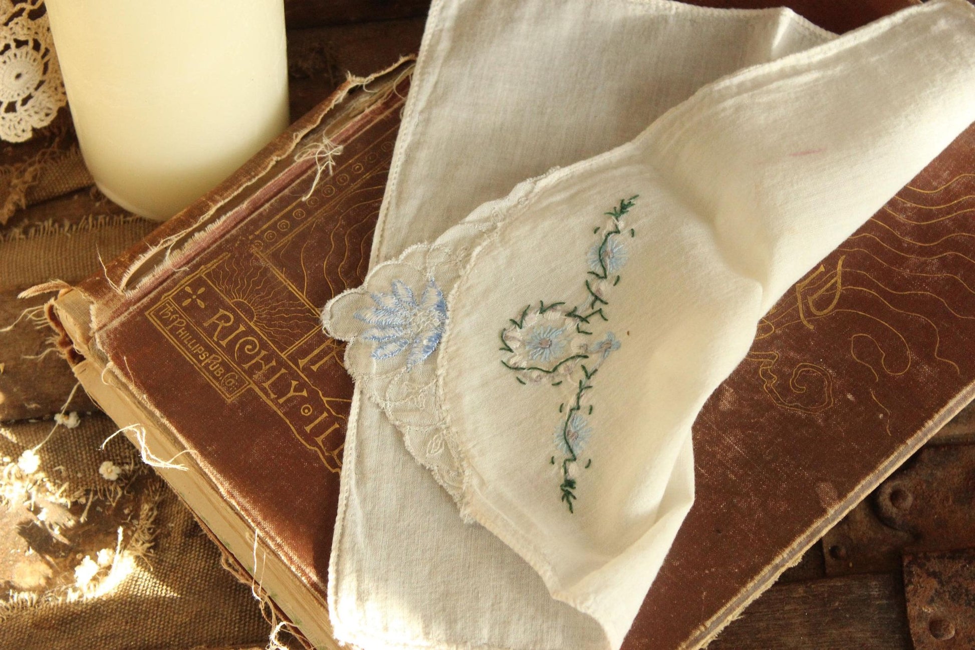 Vintage 1950s Handkerchief with Blue Flower Applique and Embroidery