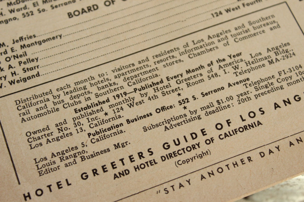 Vintage 1940s Hotel Greeters Guide