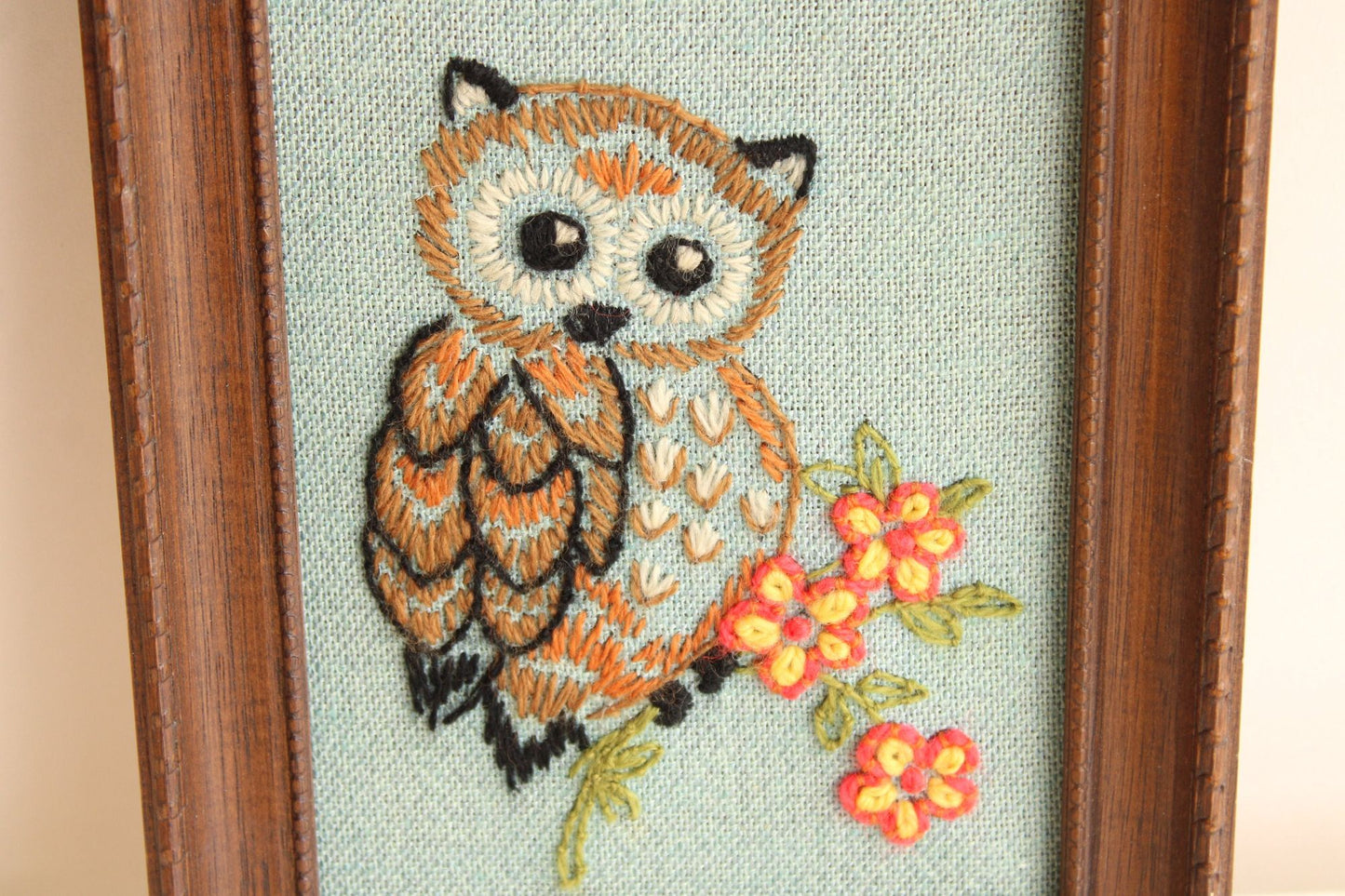 Vintage 1960s 1970s Framed Owl Embroidery