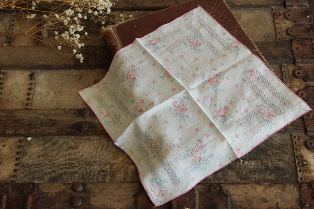 Vintage 1950s Blue and Pink Cabbage Roses and Forget Me Nots Handkerchief