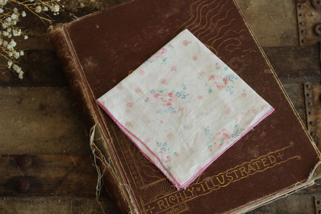 Vintage 1950s Blue and Pink Cabbage Roses and Forget Me Nots Handkerchief