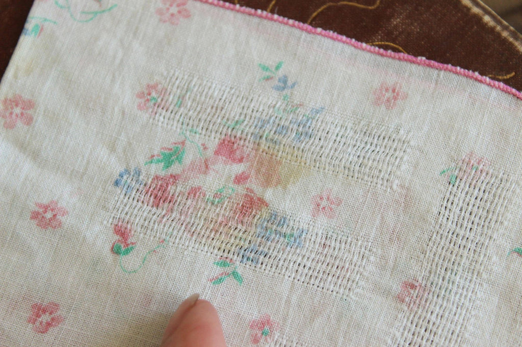 Vintage 1950s Blue and Pink Cabbage Roses and Forget Me Nots Handkerchief