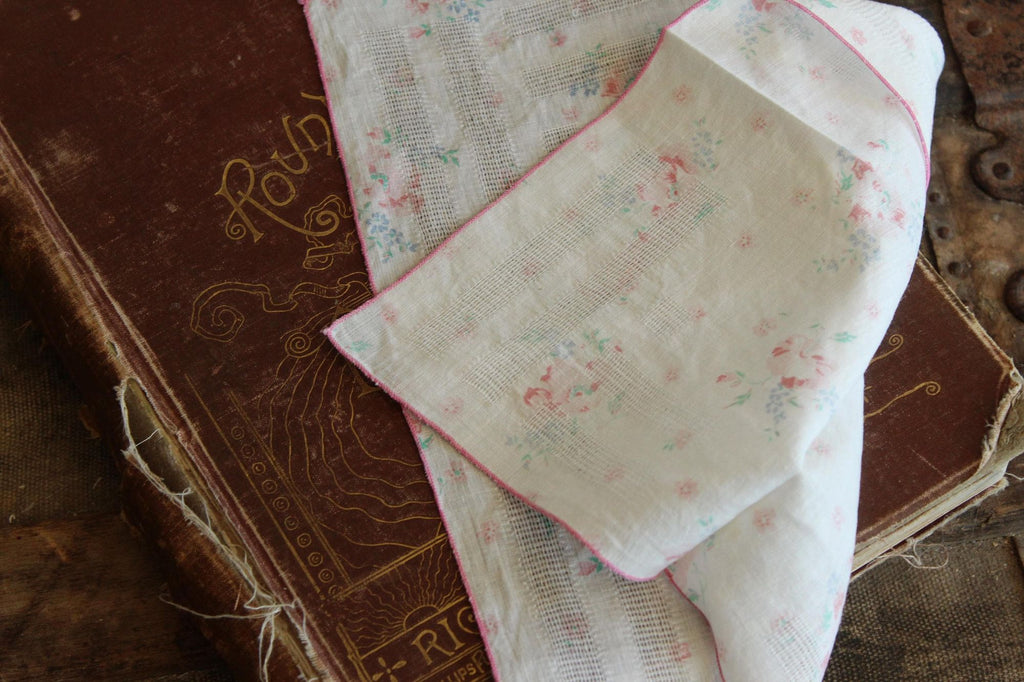 Vintage 1950s Blue and Pink Cabbage Roses and Forget Me Nots Handkerchief