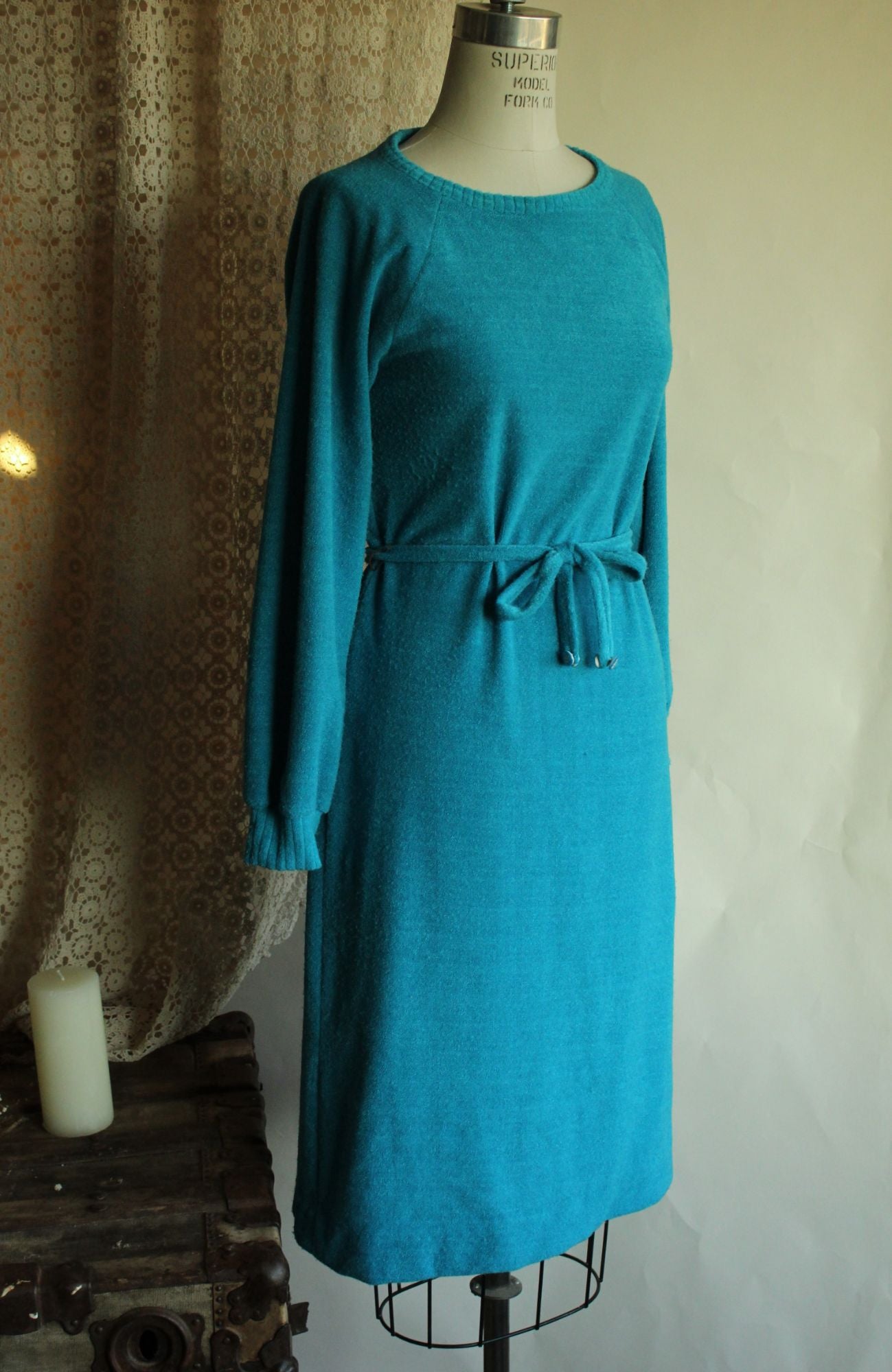Vintage 1970s 1980s Jonathan Logan Blue Terry Cloth Dress with Belt