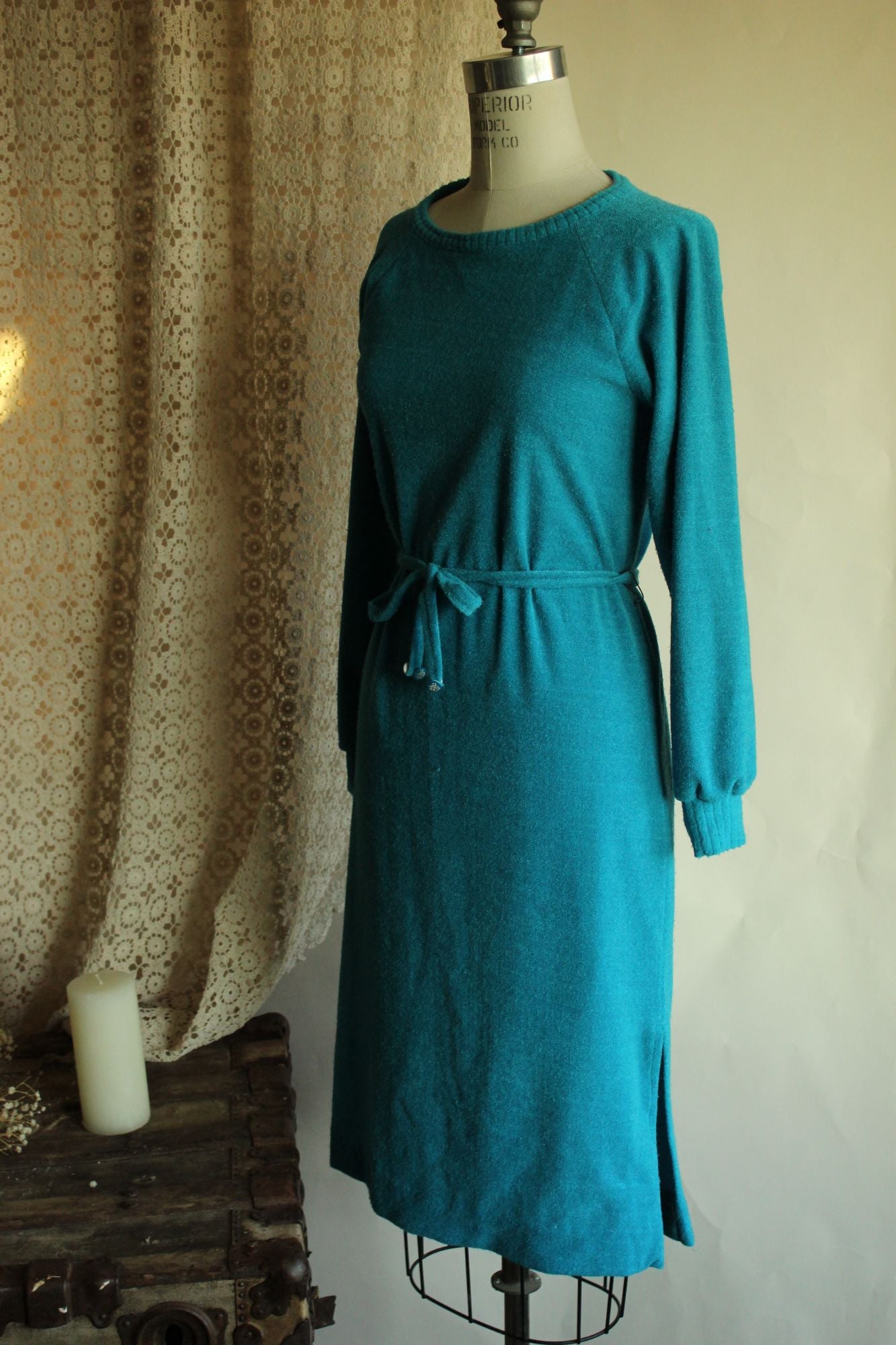 Vintage 1970s 1980s Jonathan Logan Blue Terry Cloth Dress with Belt