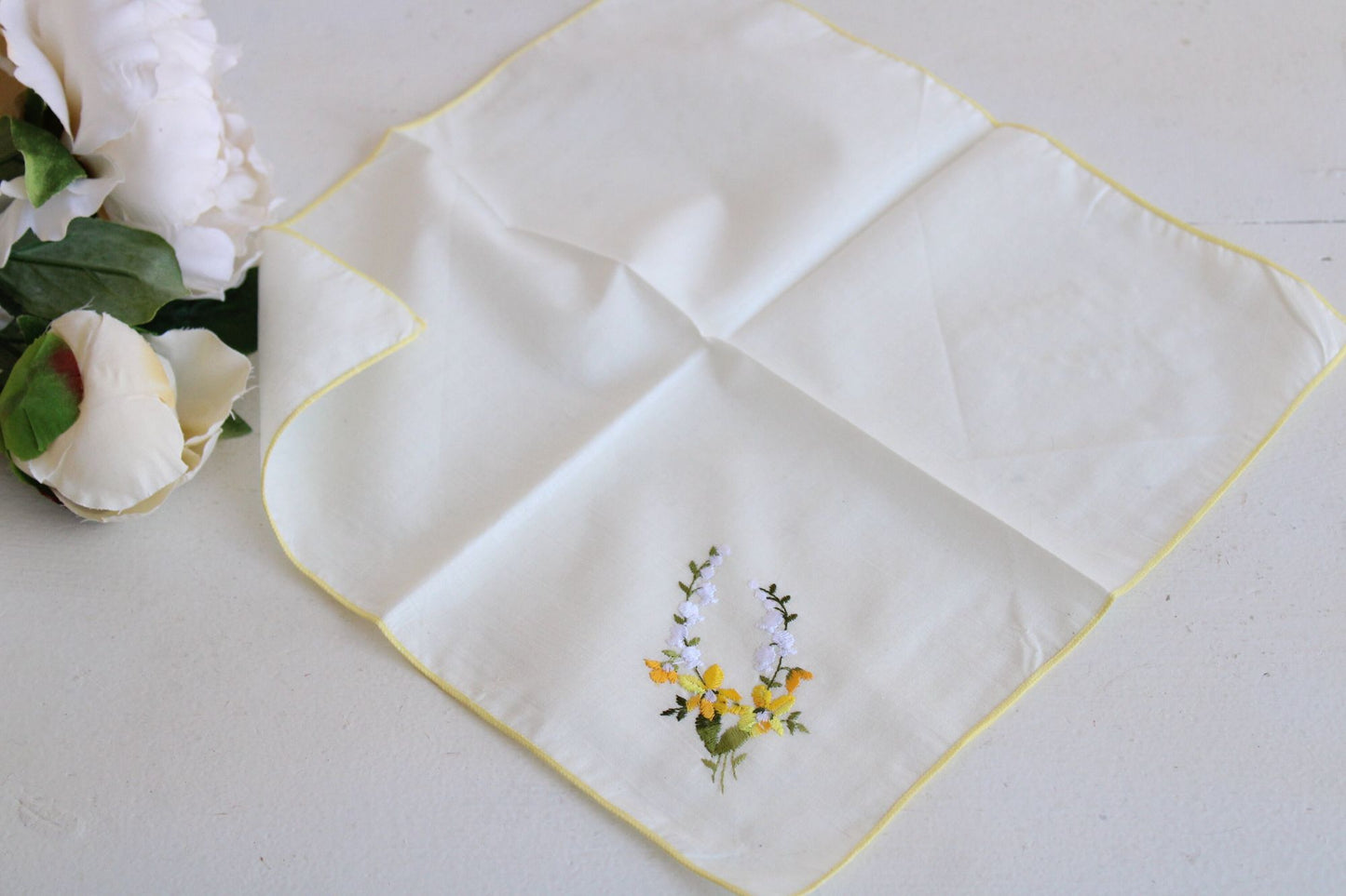 Vintage Handkerchief with Embroidered Yellow Flowers