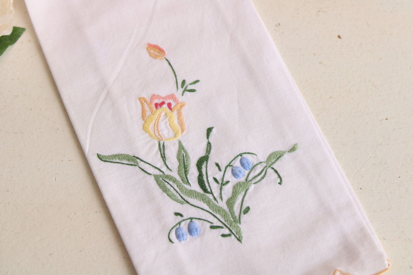 Vintage White Linen with Embroidered Flowers Hand Towel