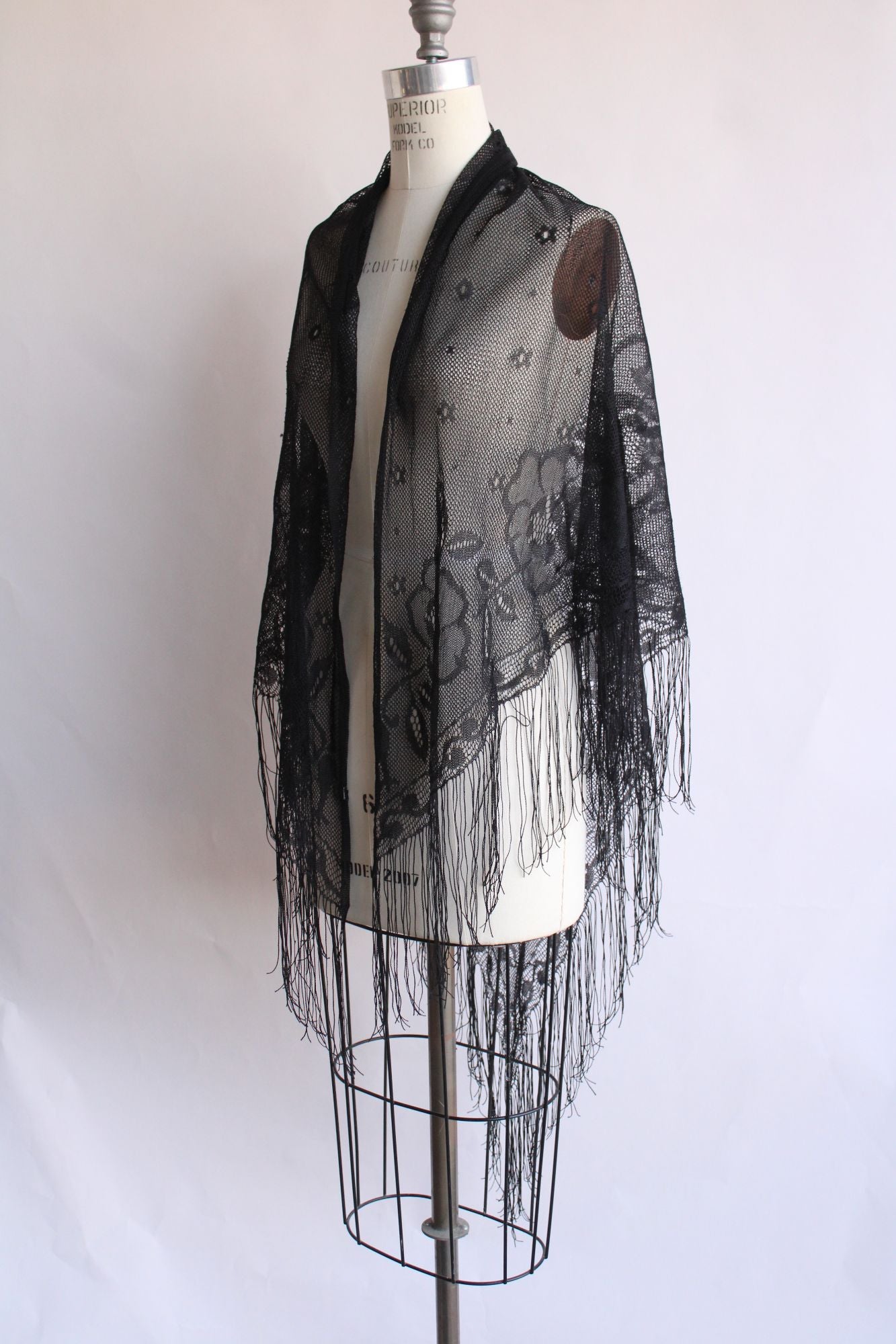 Womens Black Lace Shawl with Fringe, Triangle Wrap, Witchy Goth Style