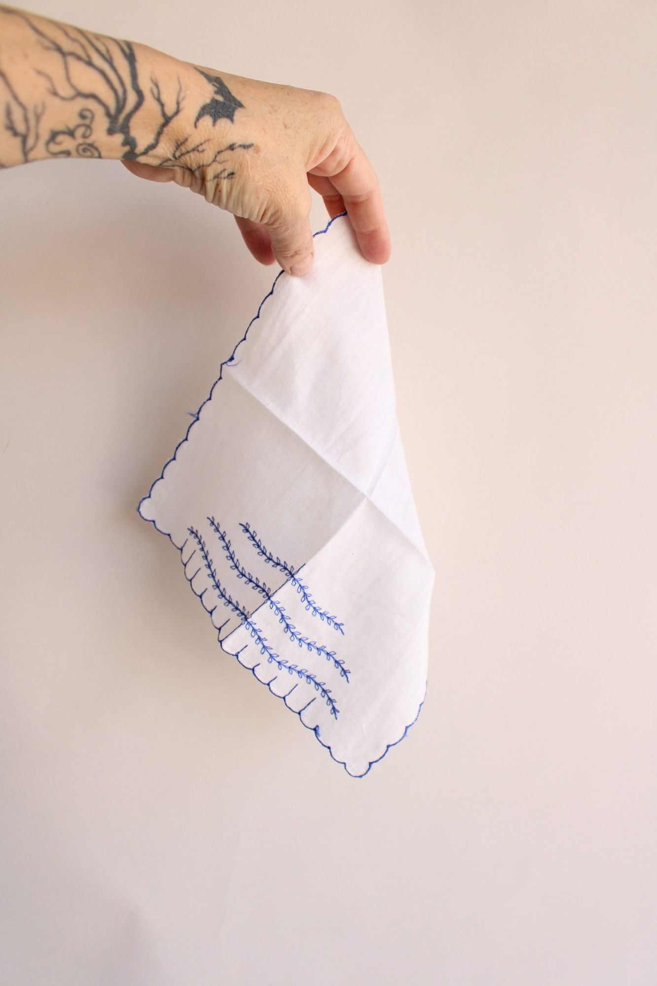Vintage Blue VIne Embroidery on White Cotton Handkerchief