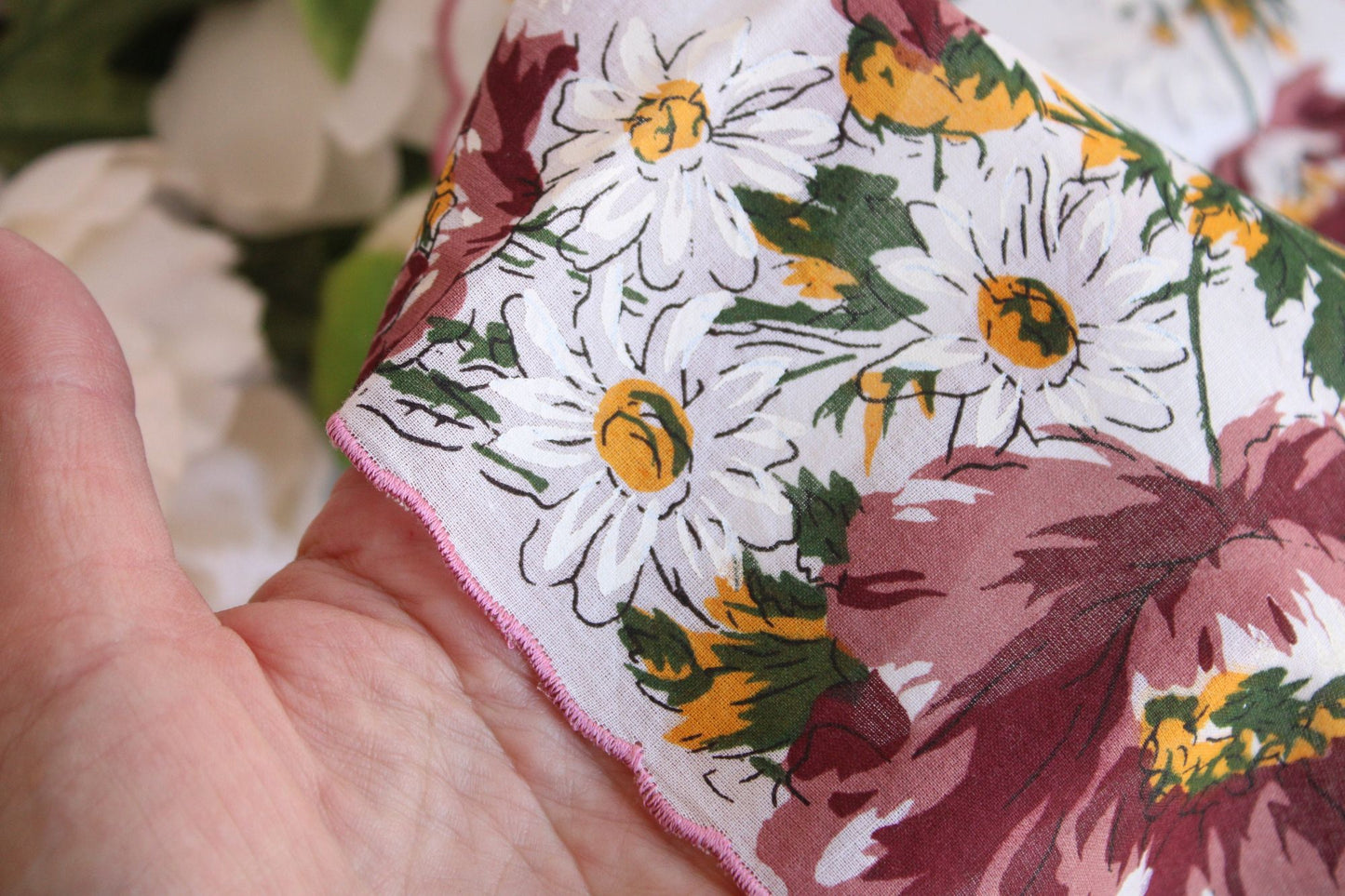 Vintage Brown, Yellow and White Flower Print Cotton Hanky