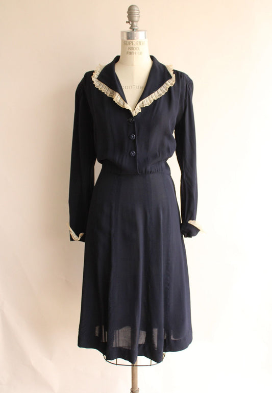 Vintage 1940s Volup Size Navy Blue Rayon Shirtwaist Dress