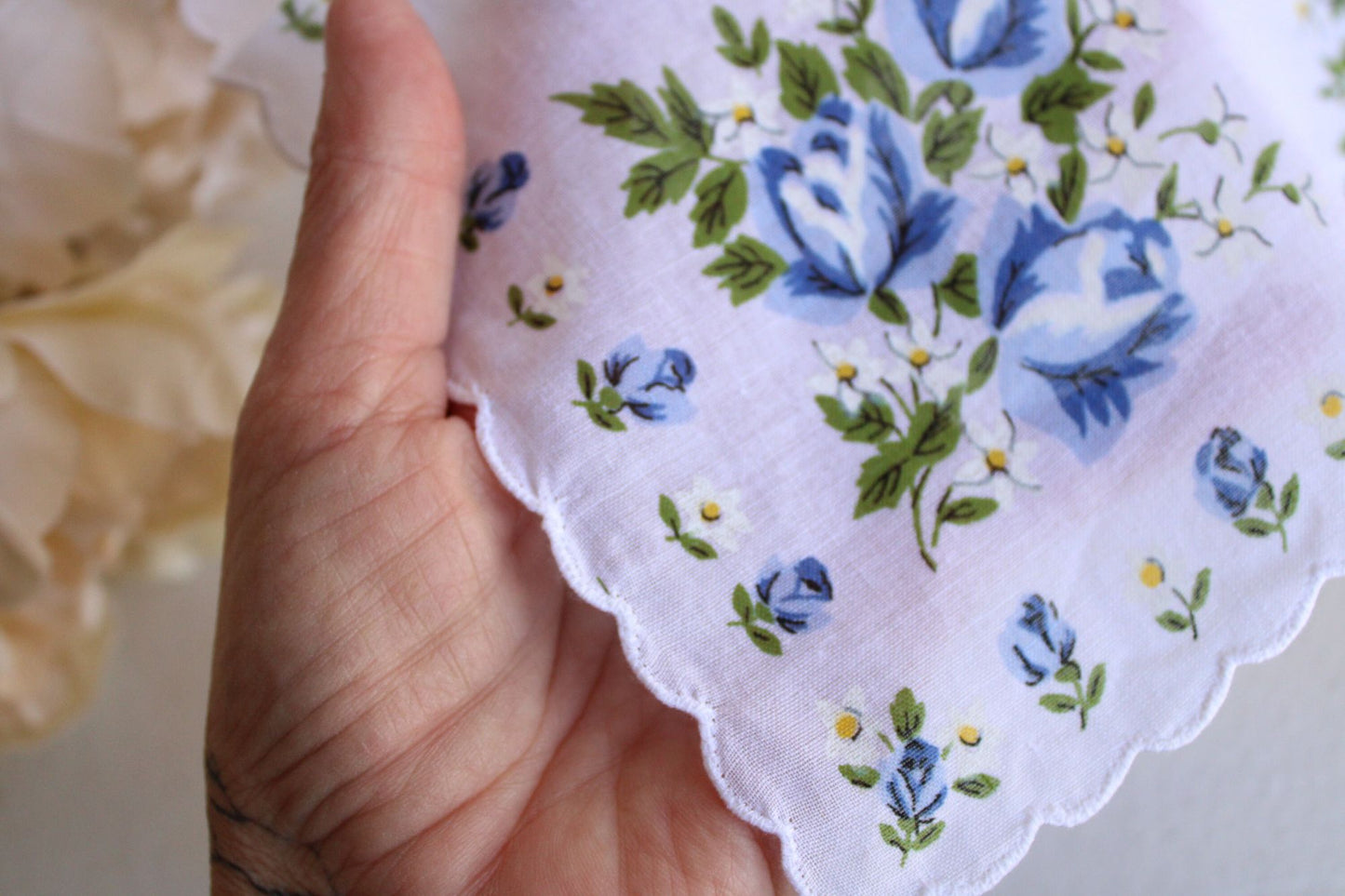 Vintage Blue Rose Flower Print Cotton Hanky