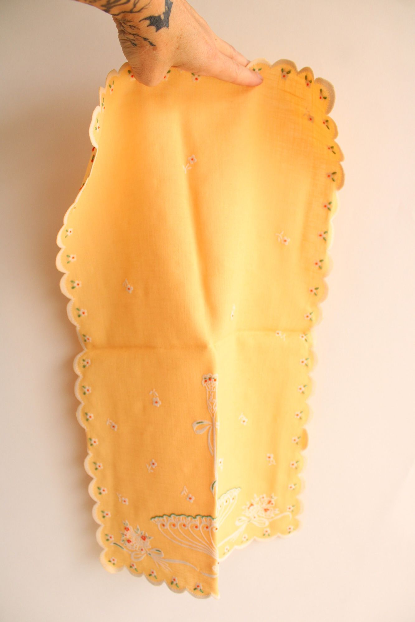 Vintage Yellow with Floral Embroidery Tea Towel