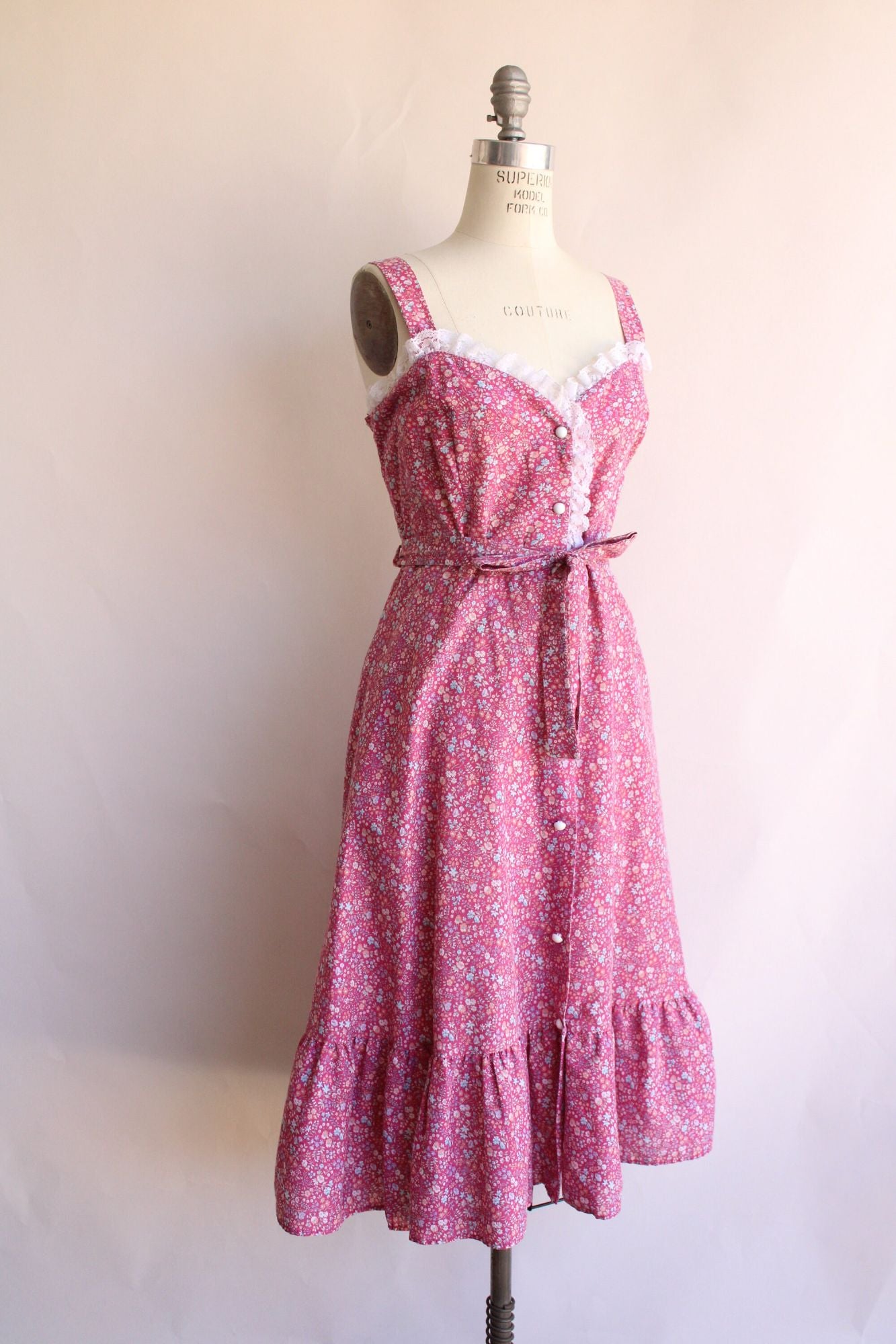 Vintage 1970s 1980s Pink Floral Calico Sundress with Pockets