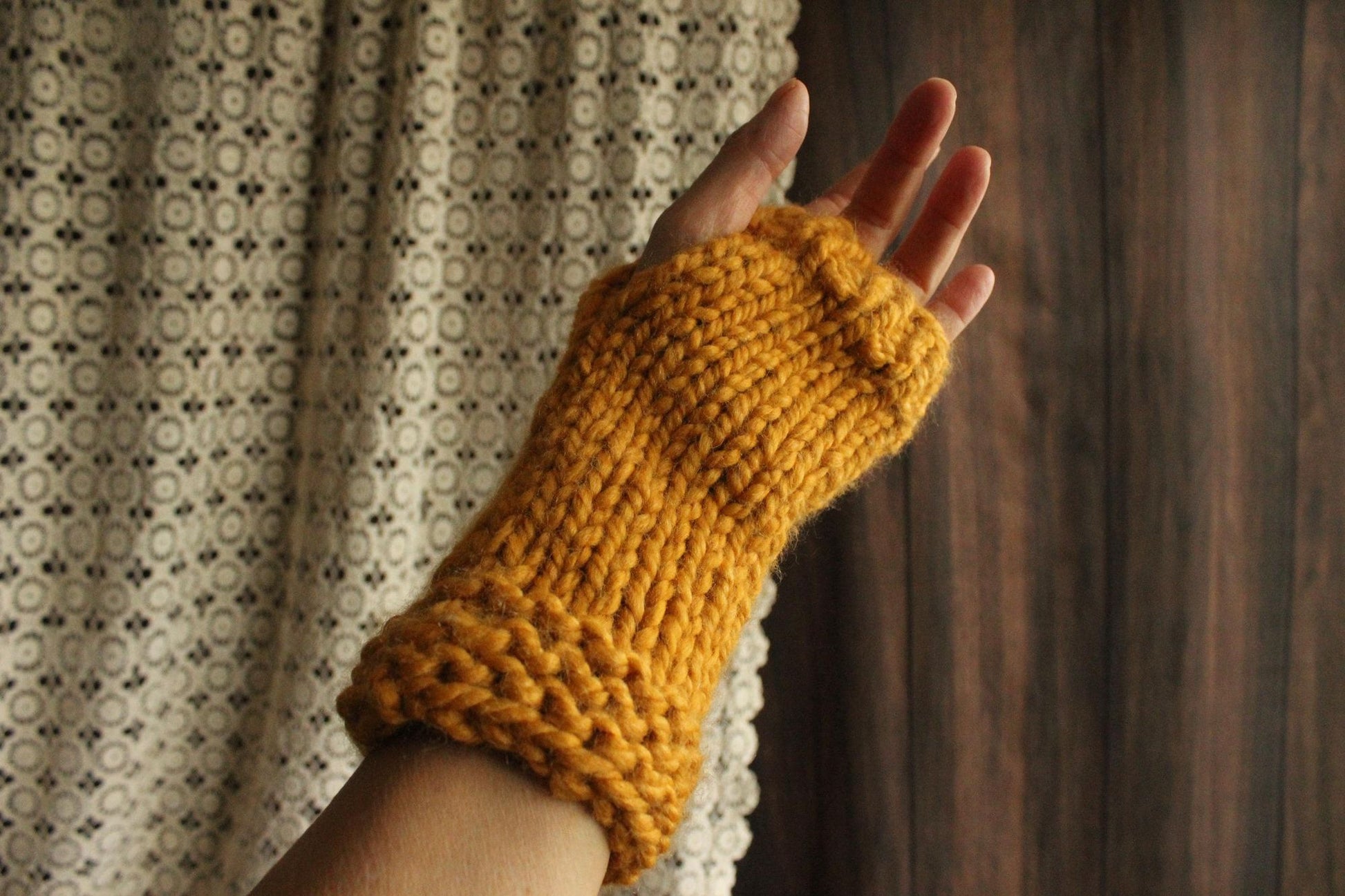 "Honey Hollow" Hand Knit Fingerless Gloves