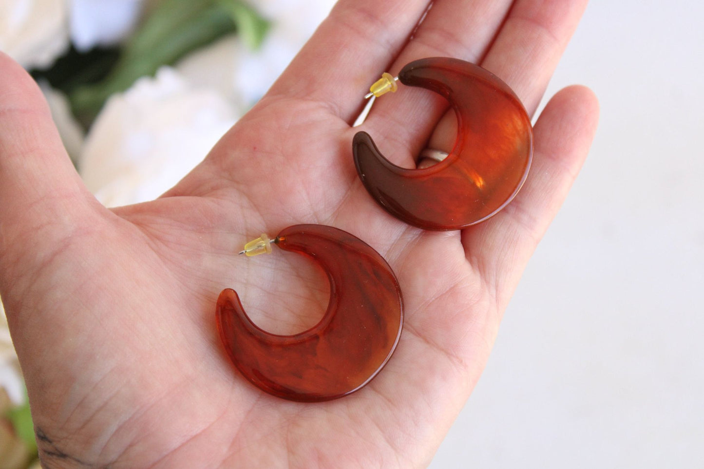 Vintage Brown Lucite Crescent Moon Earrings