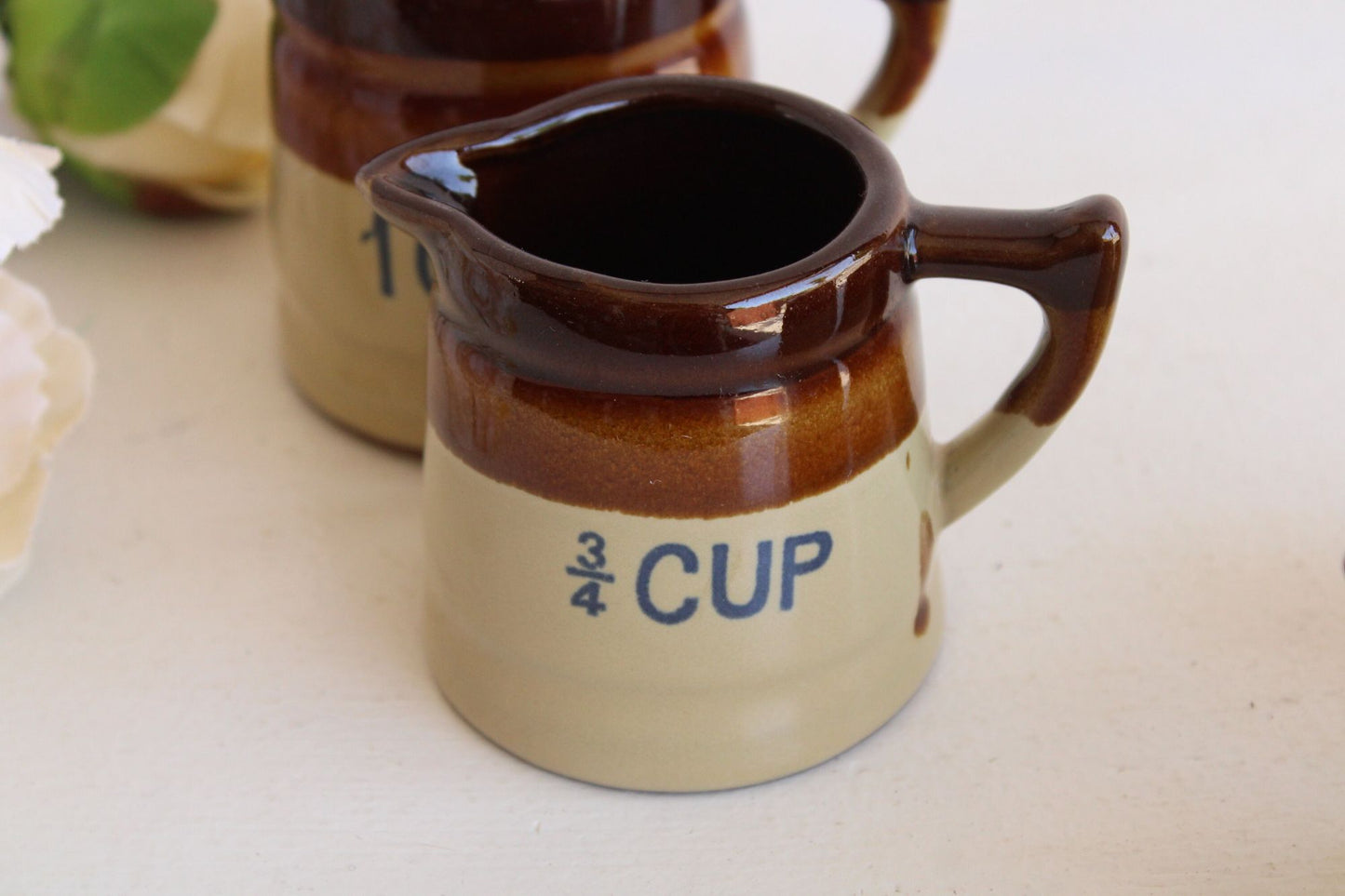 Vintage 1970s Measuring Cup Set, Ceramic Four Piece 1/4 C up to 1 C, Country Retro Kitchen