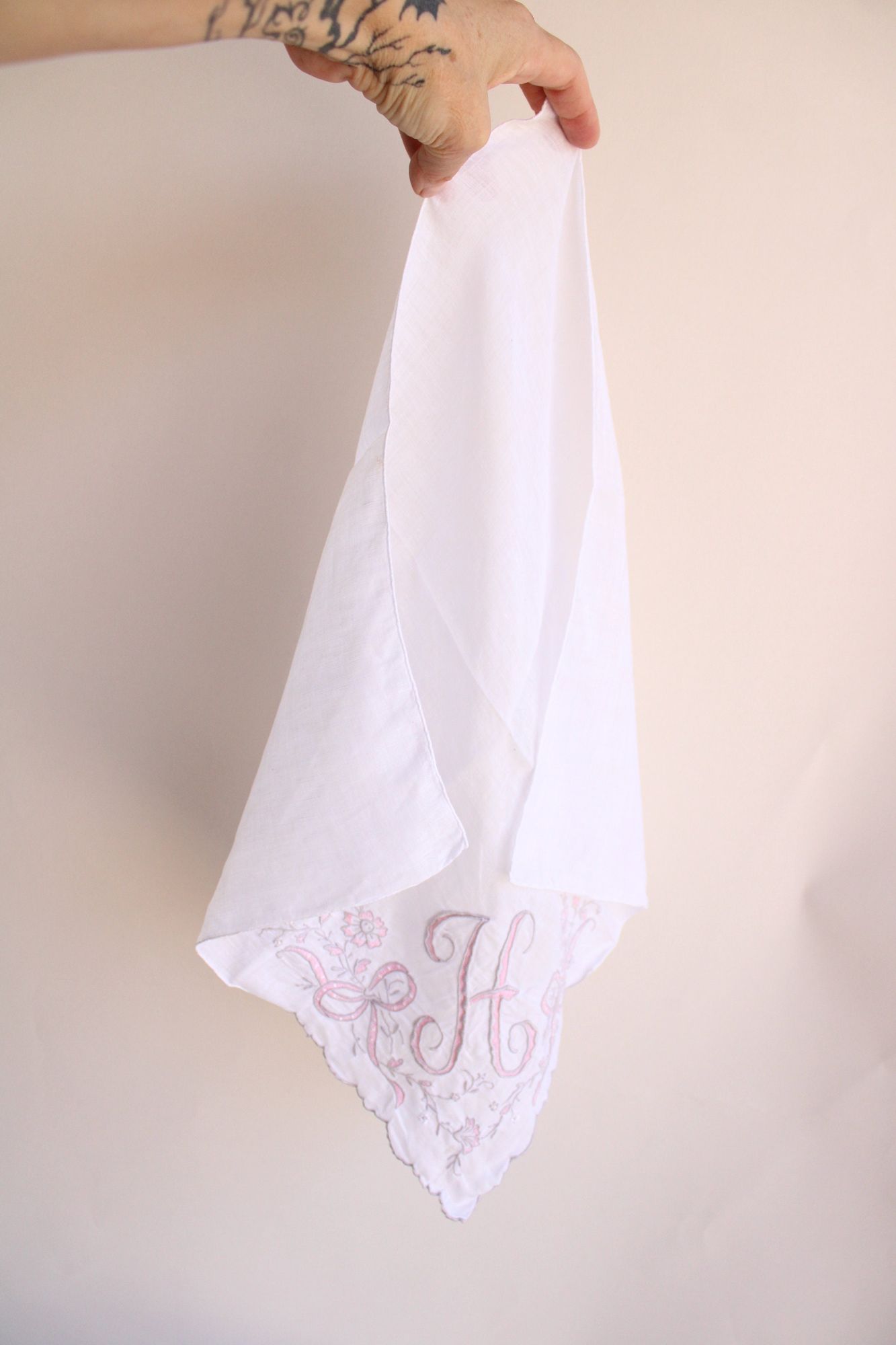 Vintage Monogrammed Initial H Pink Embroidered Linen Hanky